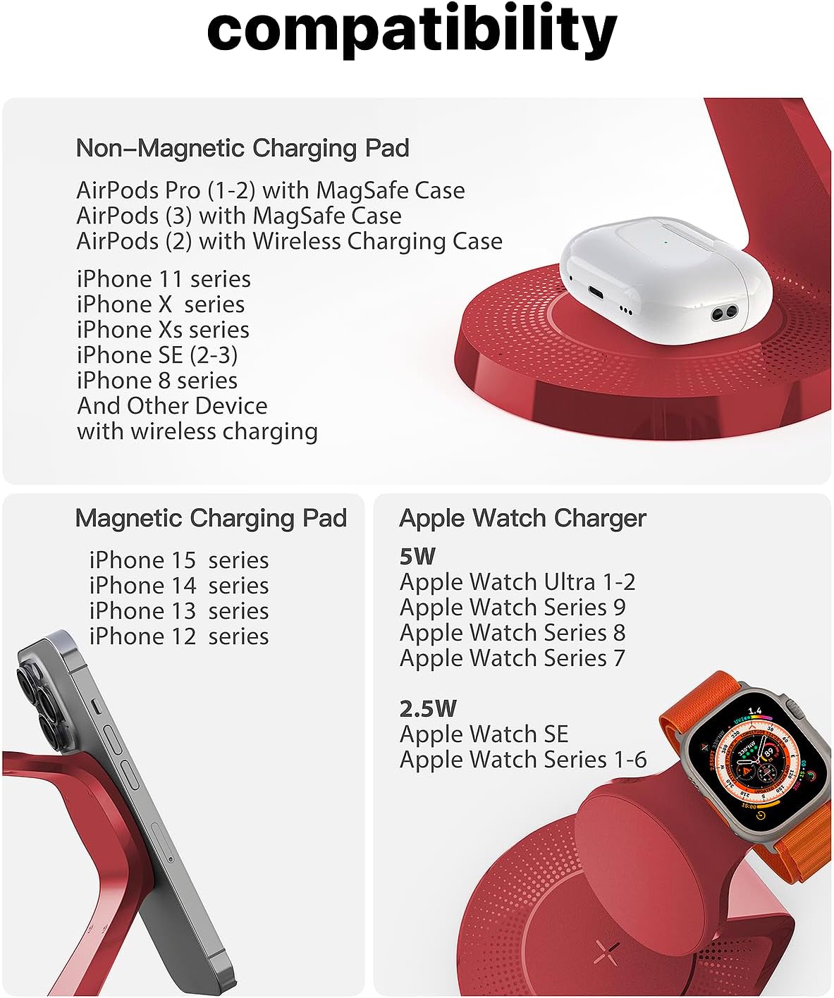 LONGCONN 3 in 1 Wireless Charging Station for Apple Devices with MagSafe | Charging for iPhone 17/Air/16/15/14/13, AirPods, Apple Watch, Weighted Stable Charging Stand, USB-C Adapter Included