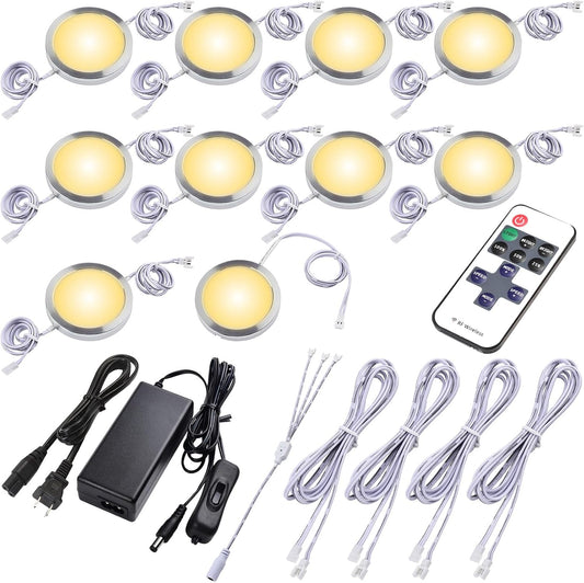 Round LED Puck Lights, Liquor Under Cabinet Accent Light Kit, 110 Volt Hard Wire & Plug in, Daisy Chain Linkable, Wireless RF Remote Control Dimmable, White Cords, Warm White, 10 Lights