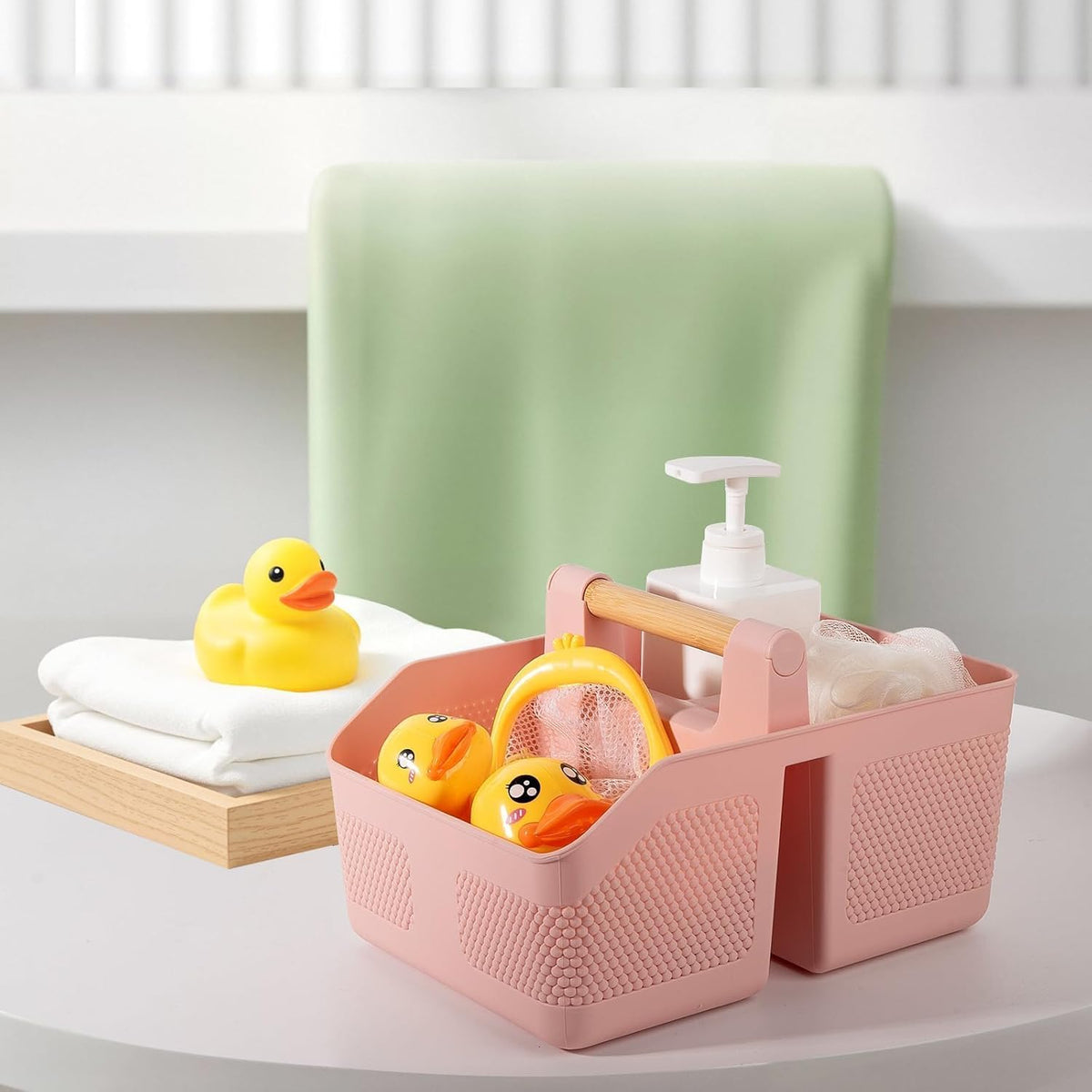 rejomiik Shower Caddy Portable with Bamboo Handle, Plastic Basket Cleaning Caddy Organizer Storage Tote for Bathroom, College, Dorm Room Essentials, Pink