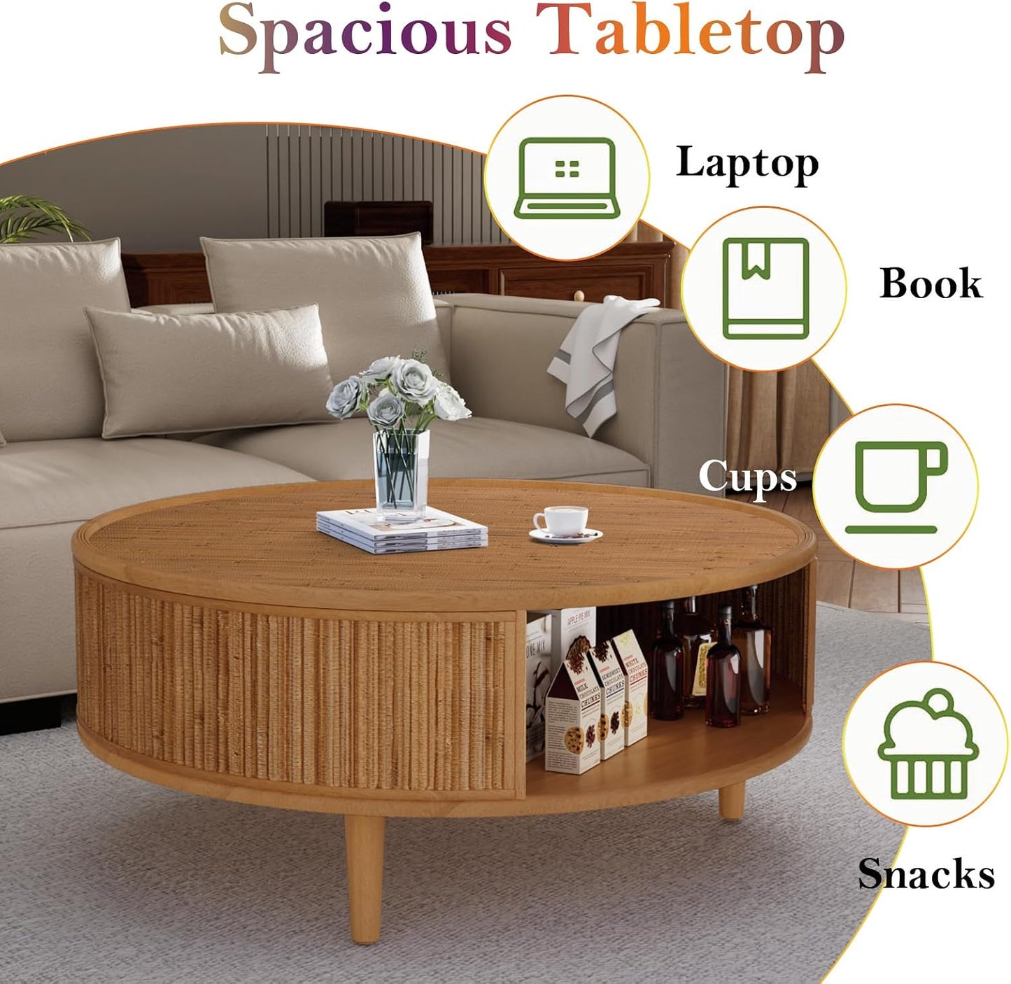 Round Coffee Table with Opening Storage Space (H Bamboo Woven 30.5in) | Farmhouse Circle Center Table for Living Room Easy to Assemble & Maintain