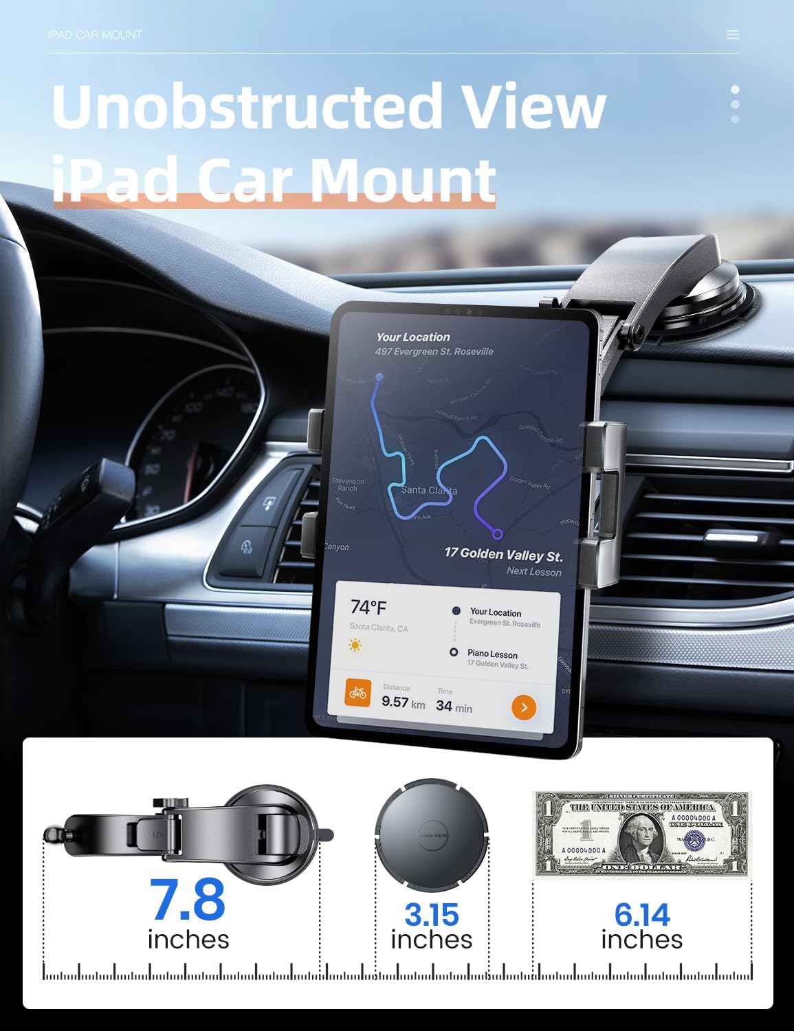 eSamcore iPad Holder for Car, Dashboard Tablet Holder for Car Suction Cup Mount with Large Clamp for All 6"-11" Apple iPad Accessory Samsung Galaxy Tab Tablet Stand