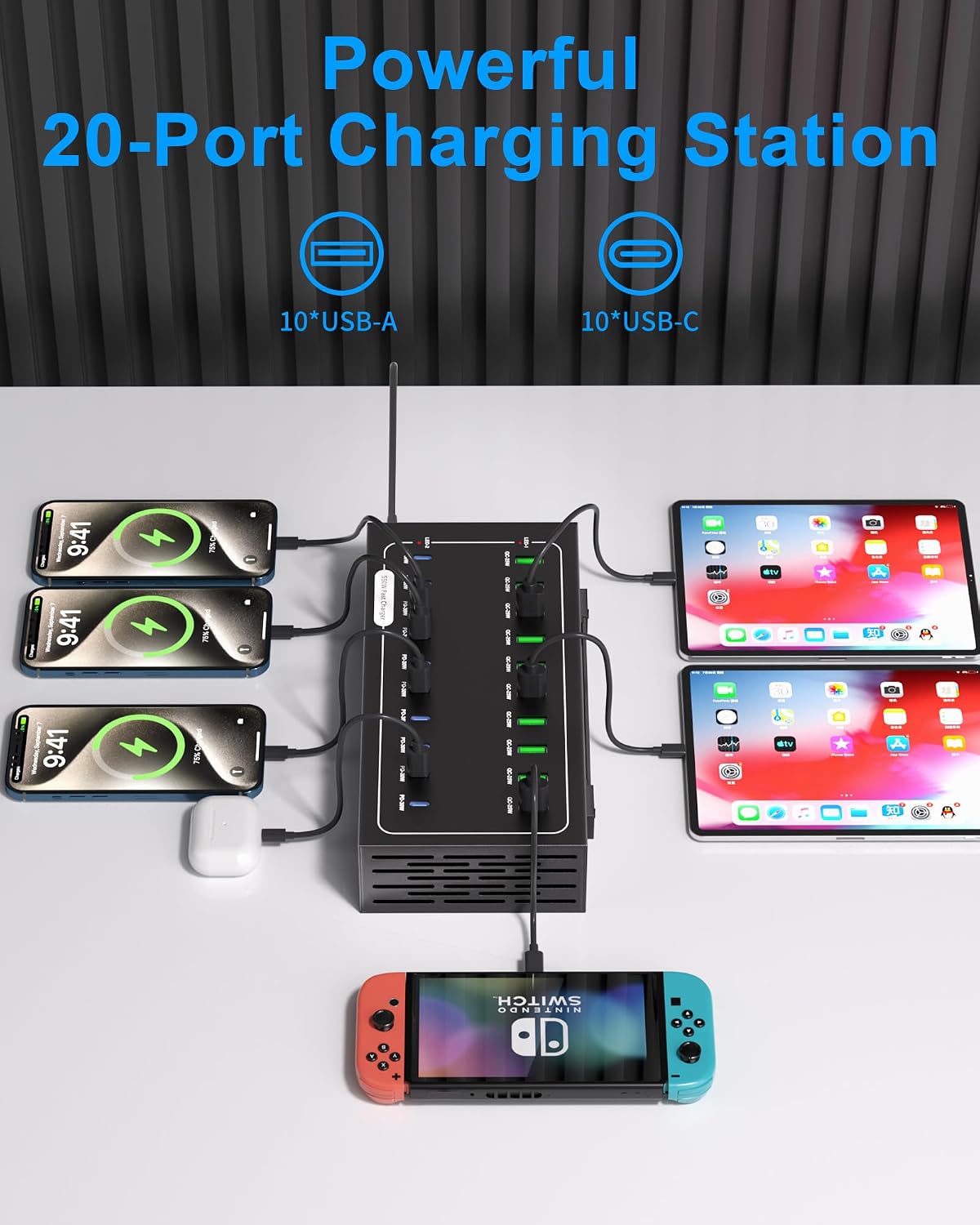 20 Port 580W USB Charging Station, Dual PD-45W USB C Charger Block | Fast Charging Station for Multiple Devices, Multi Protection for Laptop MacBook iPhone, iPad, Tablet, and More