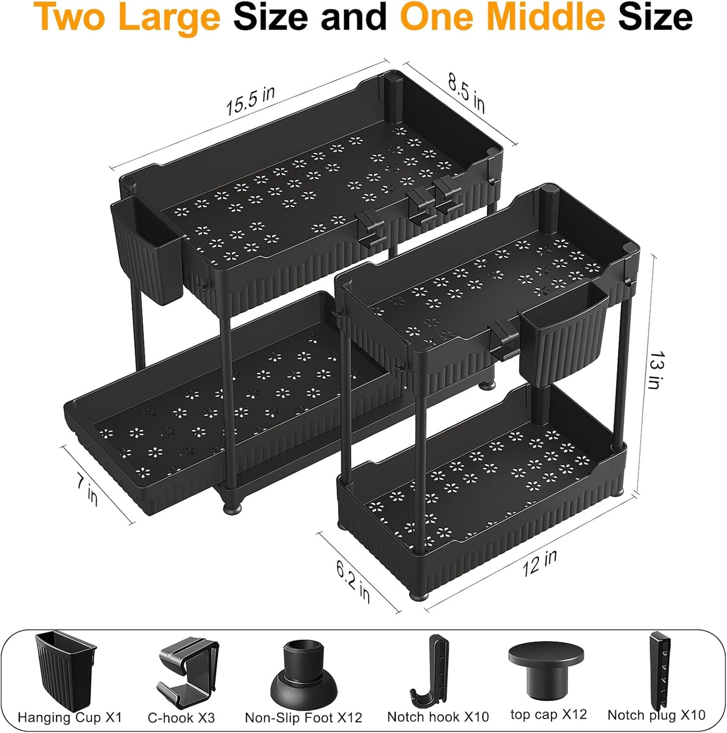 Sevenblue 3 Pack Under Sink Organizers,2-Tier Multi-Use Kitchen and Bathroom Organizers and Storage with Sliding Drawers,Bathroom Cabinet Organizer (Black, 12.8 Inch)