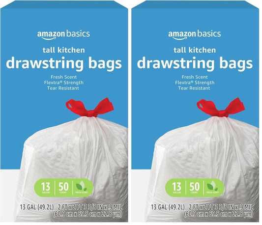 Amazon Basics Flextra Strength Tall Kitchen Drawstring Trash Bags,Fresh Scent,Tear Resistant,13 Gallon,50 Count (Pack of 2)