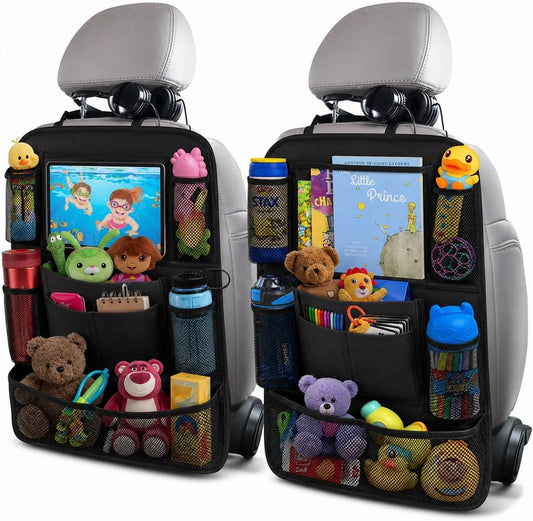 ULEEKA Car Backseat Organizer with 10" Table Holder, 9 Storage Pockets Seat Back Protectors Kick Mats for Kids Toddlers, Travel Accessories, 2 Pack