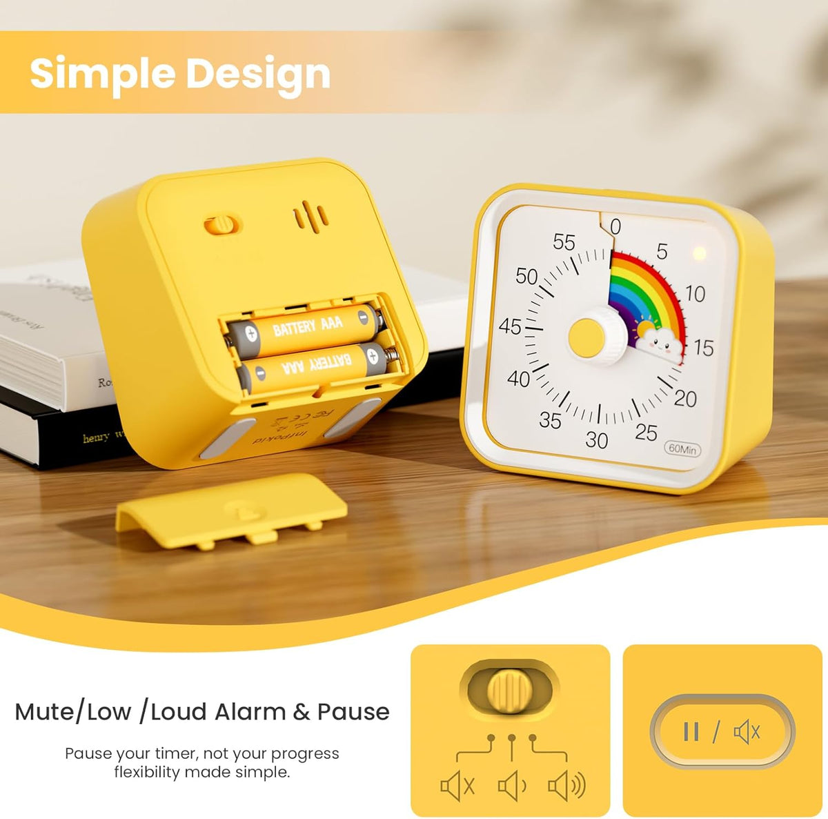 Visual Timer for Kids, Rainbow Timer with Pause Function, Yellow