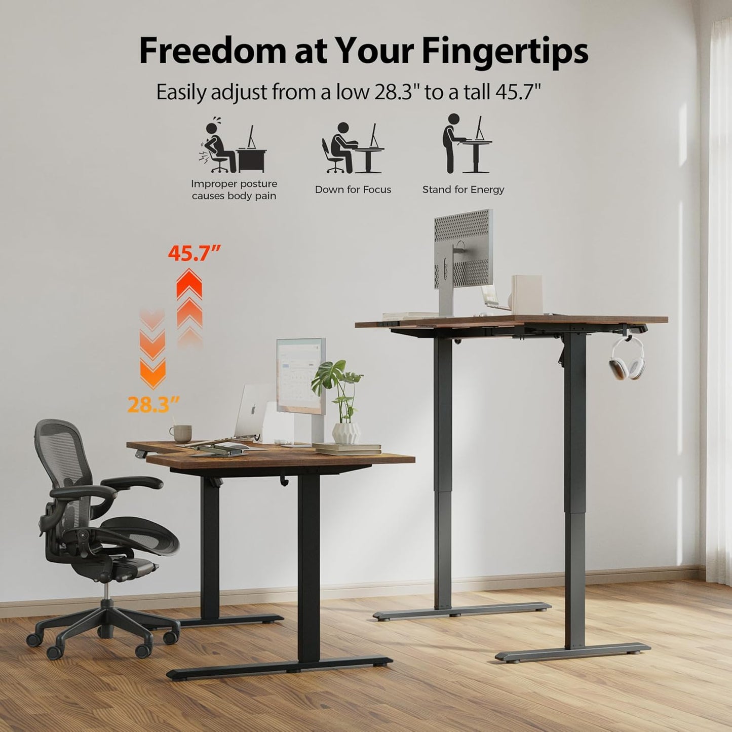 Agilestic Electric Standing Desk, Height Adjustable Desk, 55 x 32 Inch Sit Stand up for Work Office Home, L Shaped Ergonomic Rising Computer Table with Memory Preset, Rustic Brown