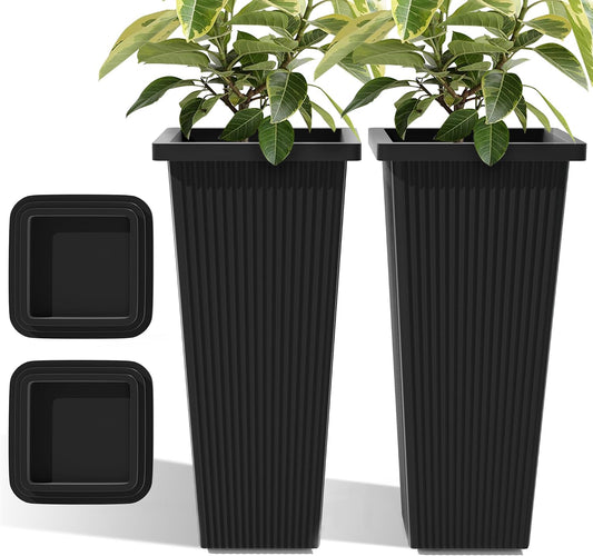 2-Pack 24 Inch Tall Planters with Saucers, Black Stripe