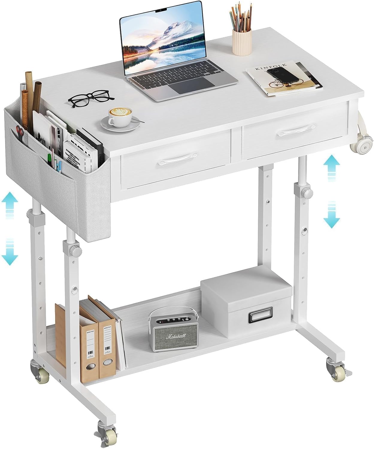 WINAZ Small Rolling Desk with Drawers & Storage - Mobile Workstation on Wheels for Teacher & Student, Adjustable Height Portable Standing Desk for Small Spaces, Compact Sewing & Crafting Table