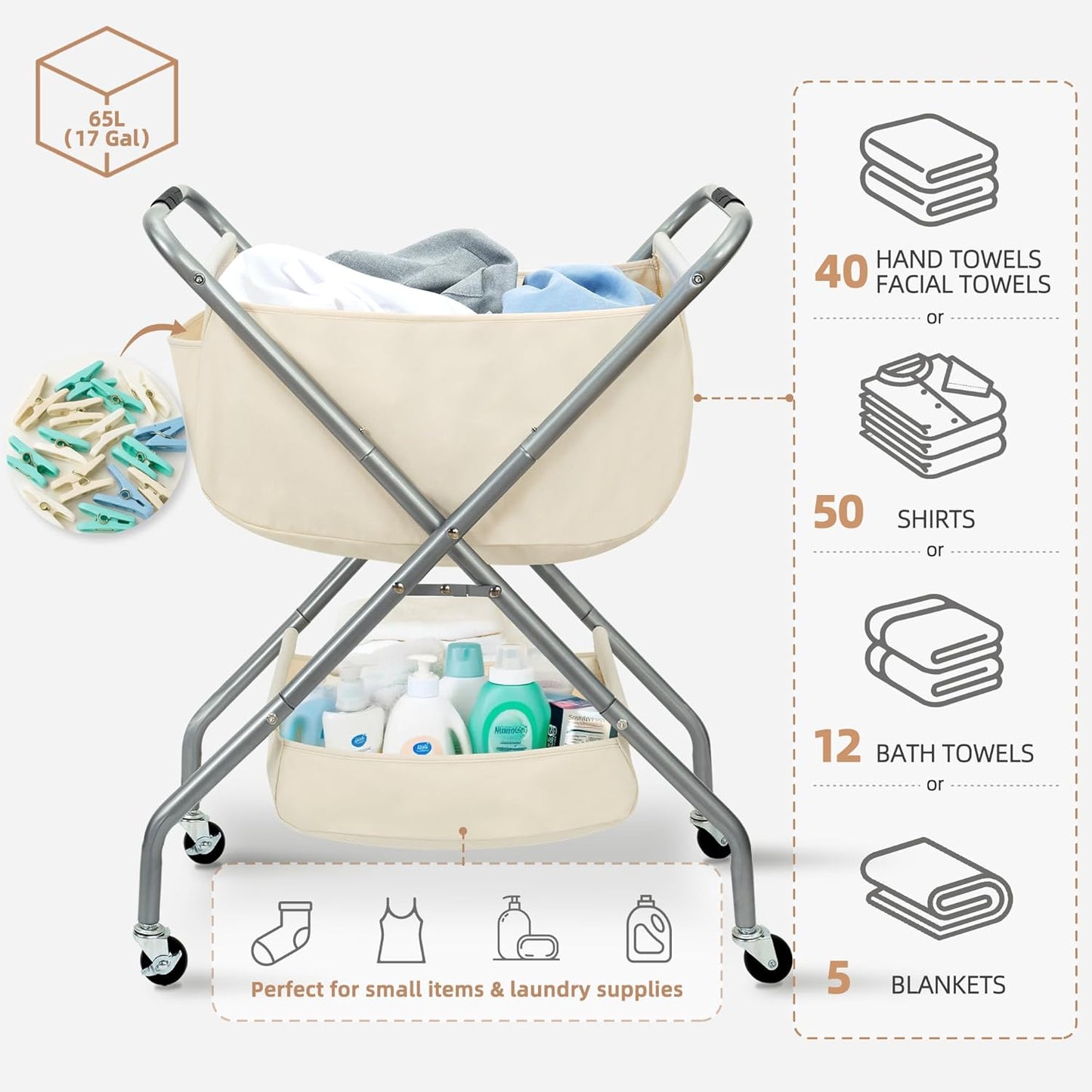 STORAGE MANIAC Collapsible Laundry Cart with Wheels 31.5"H Rolling Laundry Hamper Clothes Basket with Wheels, Canvas Liner Sturdy Steel Frame Folding for Small Narrow Space Easy Storage, Beige