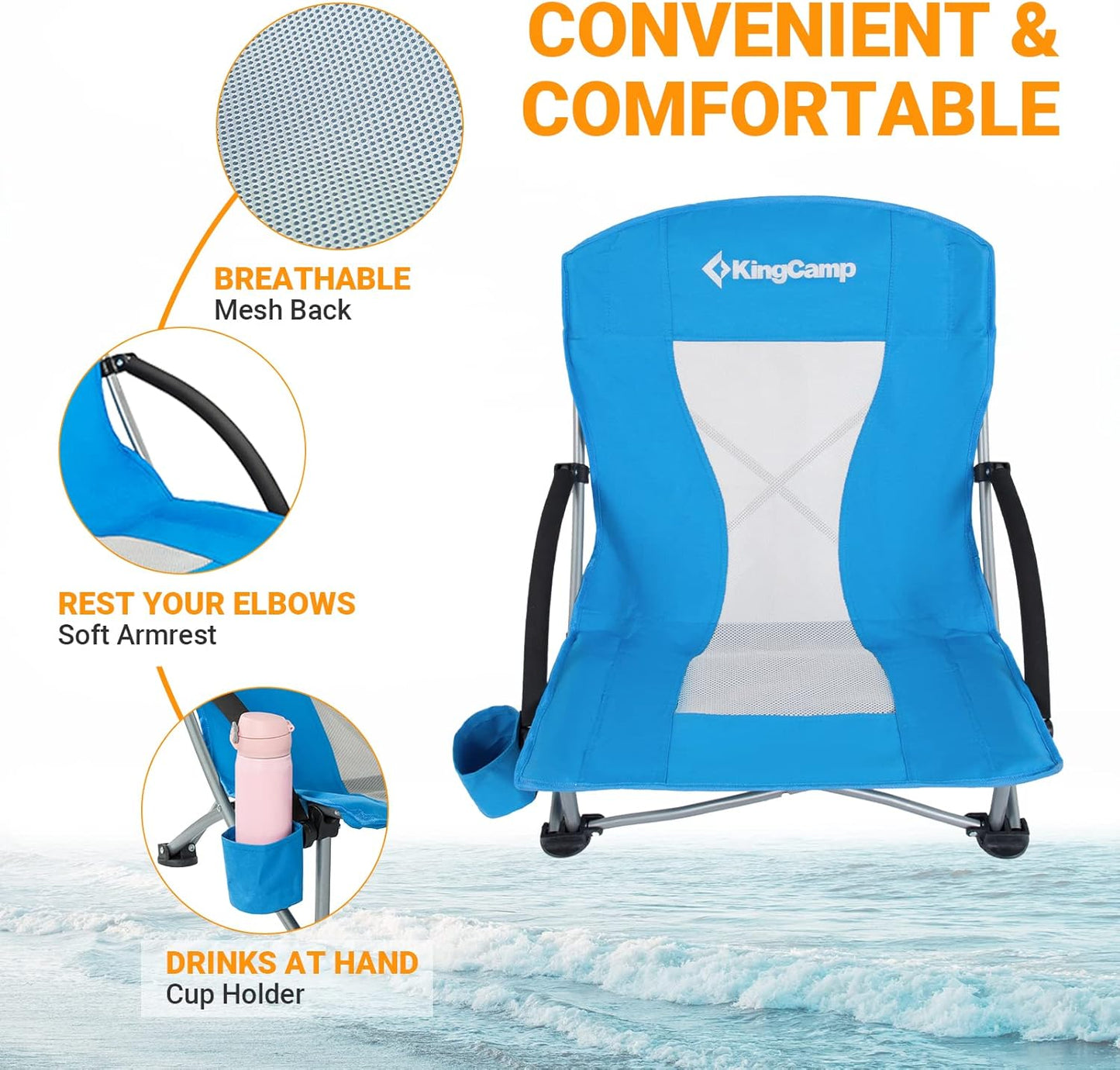 KingCamp Low Beach Chair, High Back Folding Camping Chair for Adults, Oversized Breathable Mesh Seat, 300lbs Heavy Duty Portable Chair with Cup Holder & Storage Pockets for Beach, Outdoor