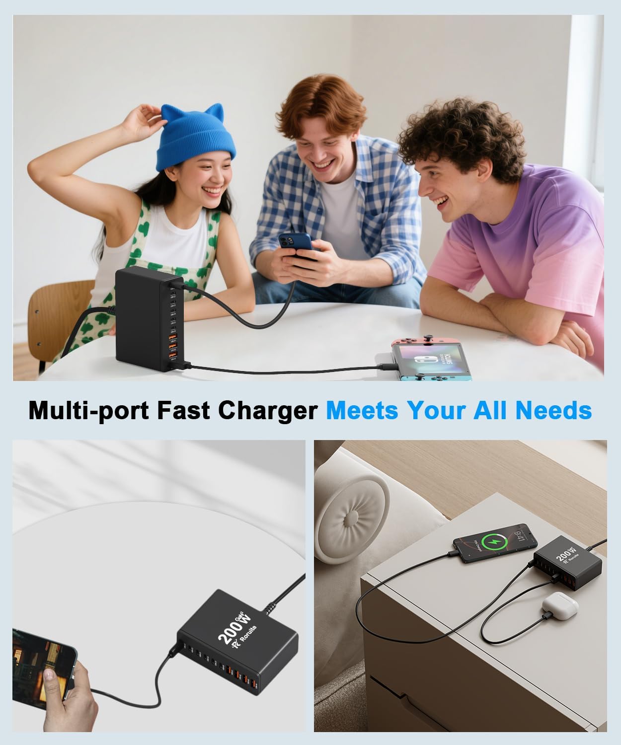 USB C Charging Station 10 Port with 4 Cables,200W GaN Type C Charger Block,Wall Charger Power Strip Adapter Plug for iPad iPhone17 16 15 14 13 12 Pro Max Pixel Note Galaxy