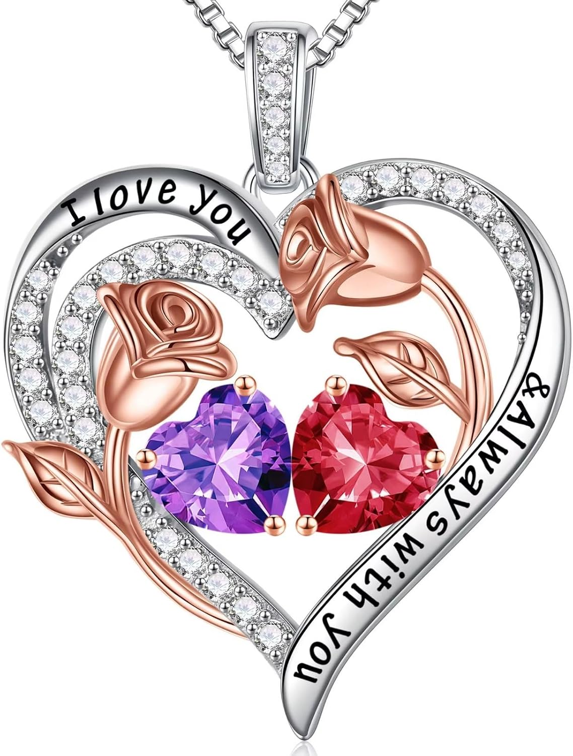Iefil Birthstone Necklace for Women - Rose Heart Necklace