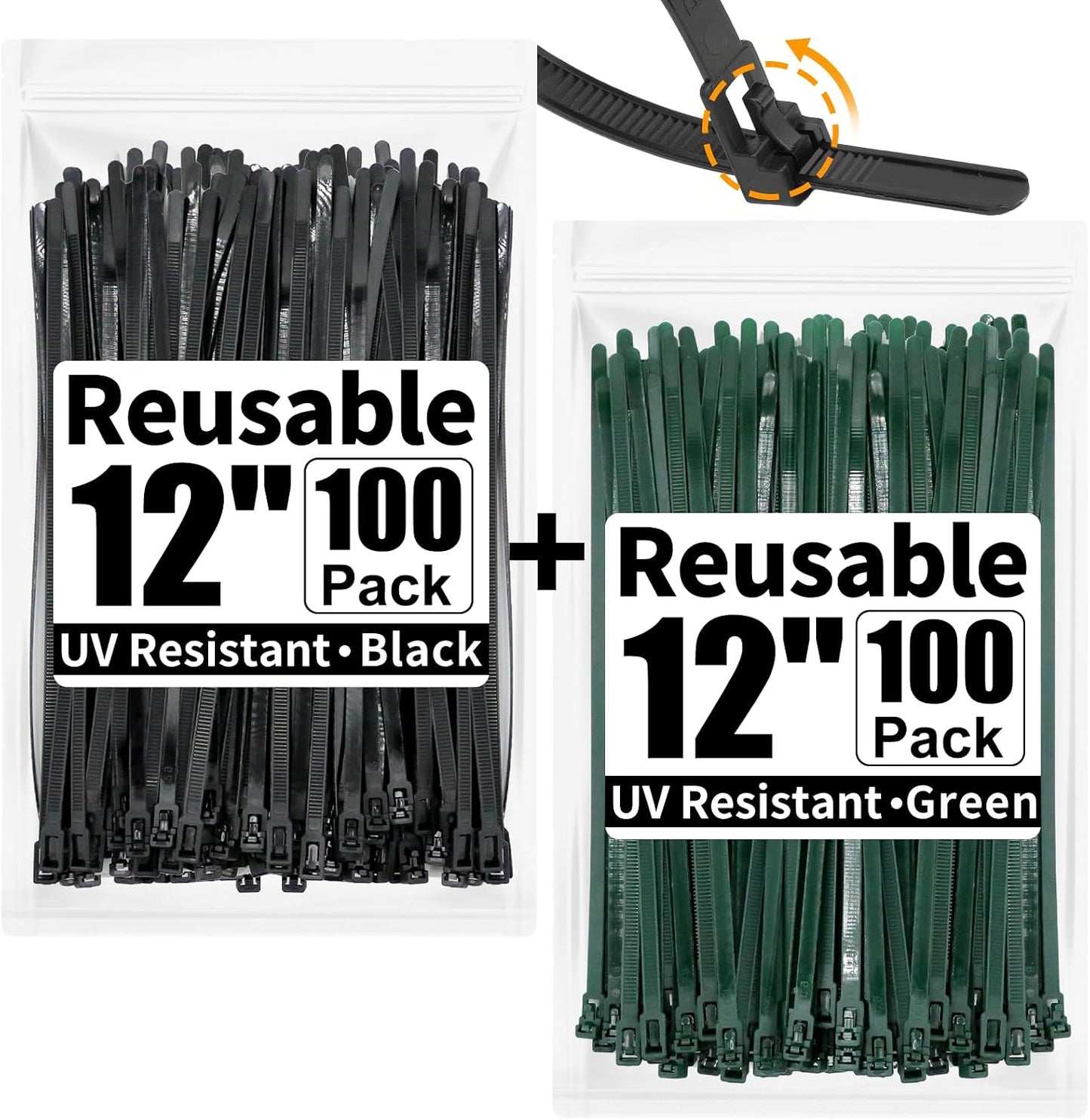 200 Pack Reusable Zip Ties 12 Inch Heavy Duty Cable Ties Black Dark Green | Reusable Trigger Release / Heavy Duty Nylon / UV Weatherproof / Non-Slip Self-Locking / Smooth Round Ending No Hurt