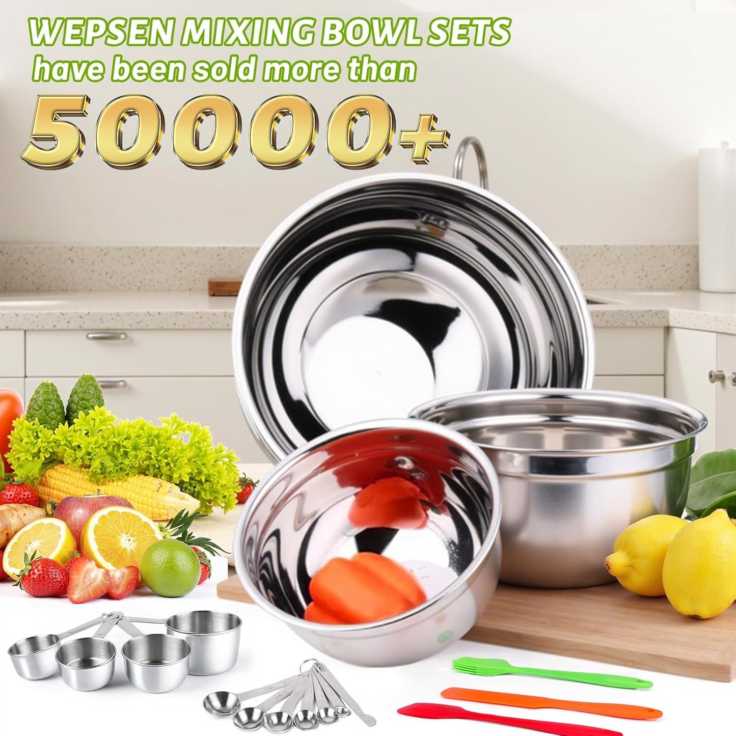 WEPSEN Mixing Bowls with Lid Set, 25PCS Kitchen Utensils Metal Bowl Stainless Steel Nesting Bowls, Measuring Cups and Spoons, Egg Whisk for Baking Prepping Cooking Serving Supplies