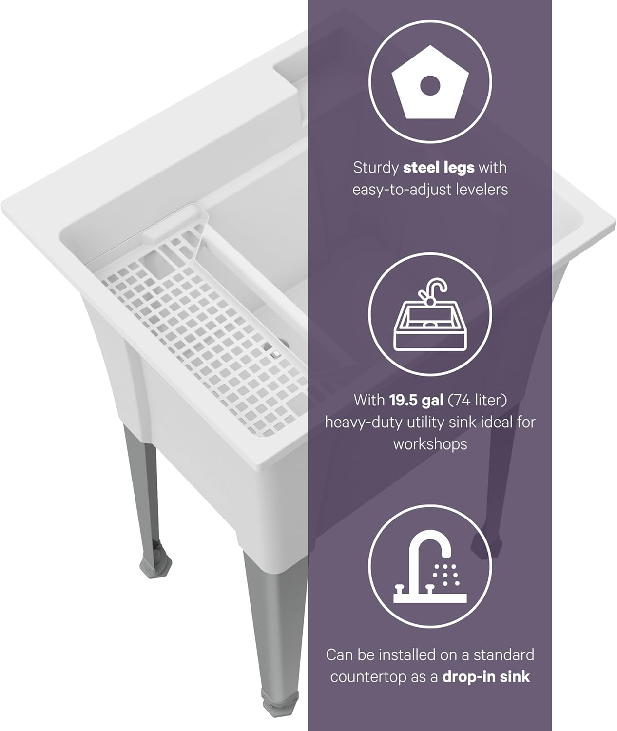 Standing Utility Sink with Steel Legs – 24” Space Saver Utility Sinks for Laundry Room, Garage, Garden, Basement – Noah William Home Indoor and Outdoor Basement Wash Tub (WHITE)