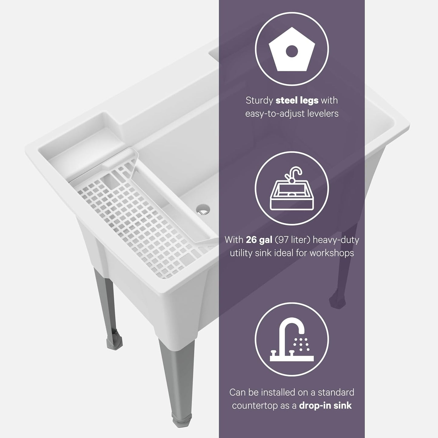 Freestanding Utility Sink with Gooseneck Faucet - 32" Plastic Utility Sink with Steel Legs for Garage, Laundry, Indoor and Oudoor Use - Laundry Tub Kit by Noah William Home - White (25.6 gal)