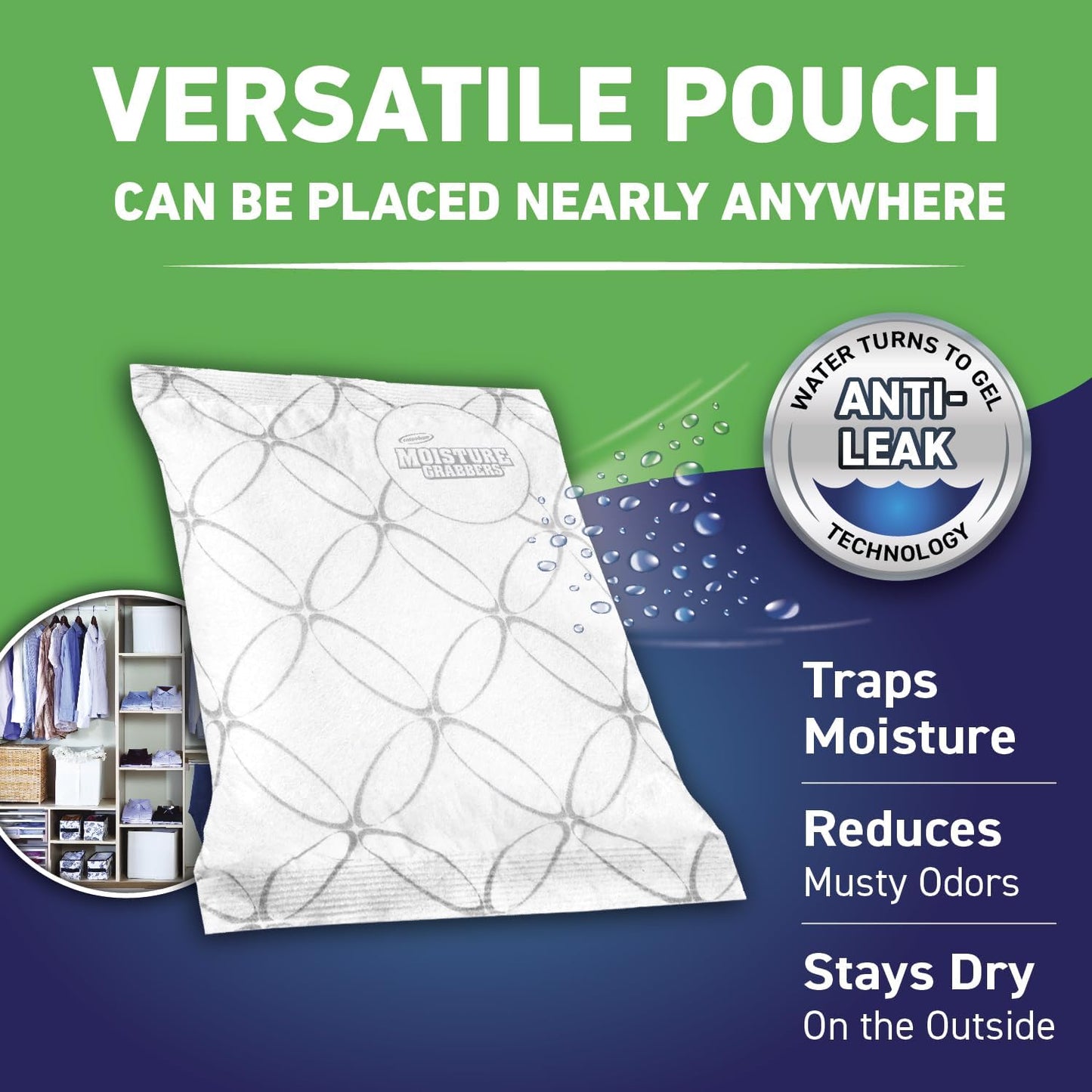 Concrobium Moisture Grabbers Pouch, 27.6 oz, Moisture Absorber for Closets, Basements and Bathrooms, Helps Reduce Dampness and Musty Odors, Compact Moisture Control Design