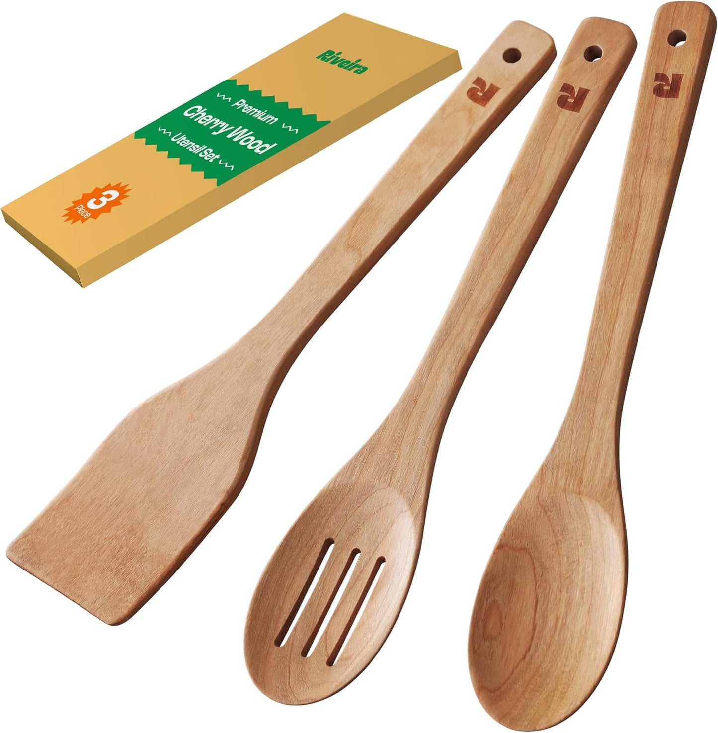Riveira Teak Wooden Spoons for Cooking Set of 6 – Natural Teak Wooden Cooking Utensils, Wooden Spatula, Wooden Spoon - Premium Quality Utensil Set for Non-Toxic Cooking