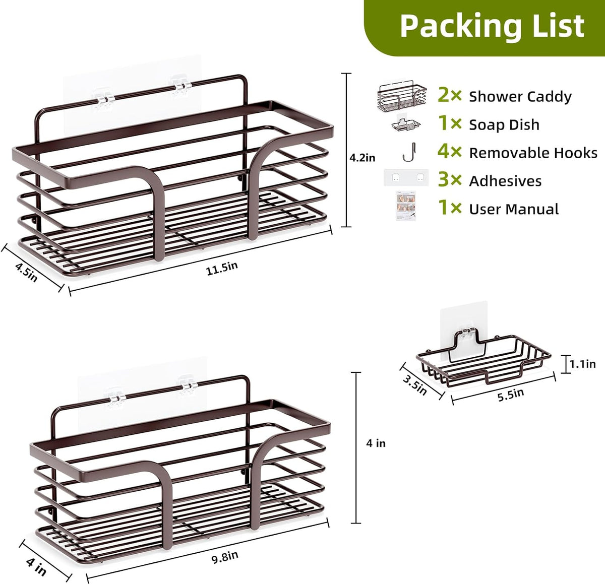 Yougai Shower Caddy, Shower Organizer with Soap Holder and Hooks, Rustproof Shower Shelves, No Drilling Bathroom Organizers and Storage, Wall-Mounted Kitchen & Home Decor (Brown)
