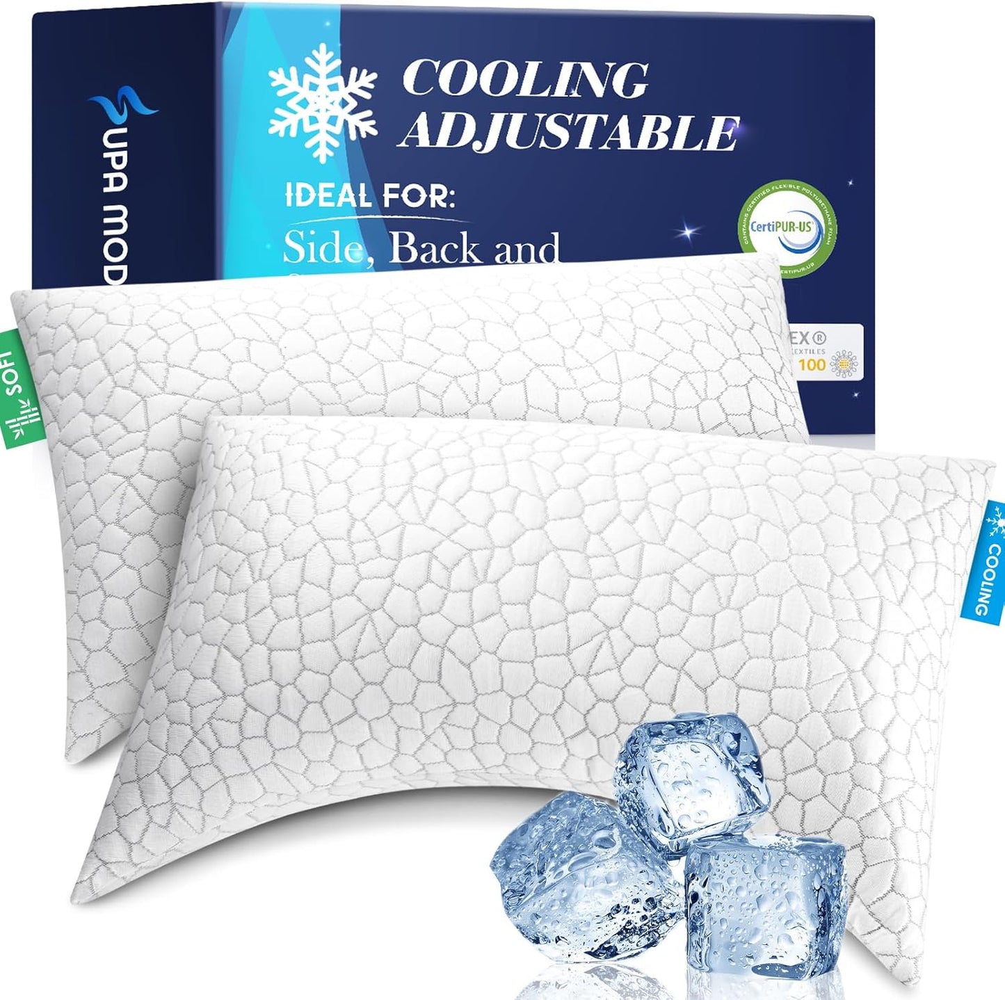 Cooling Pillow Queen Size Set of 2, Adjustable Bed Pillows for Sleeping, Luxury Shredded Memory Foam Side Sleeper Pillows 2 Pack, Cool No Flat Firm Cervical Neck Pillow for Side Sleepers Neck Pain