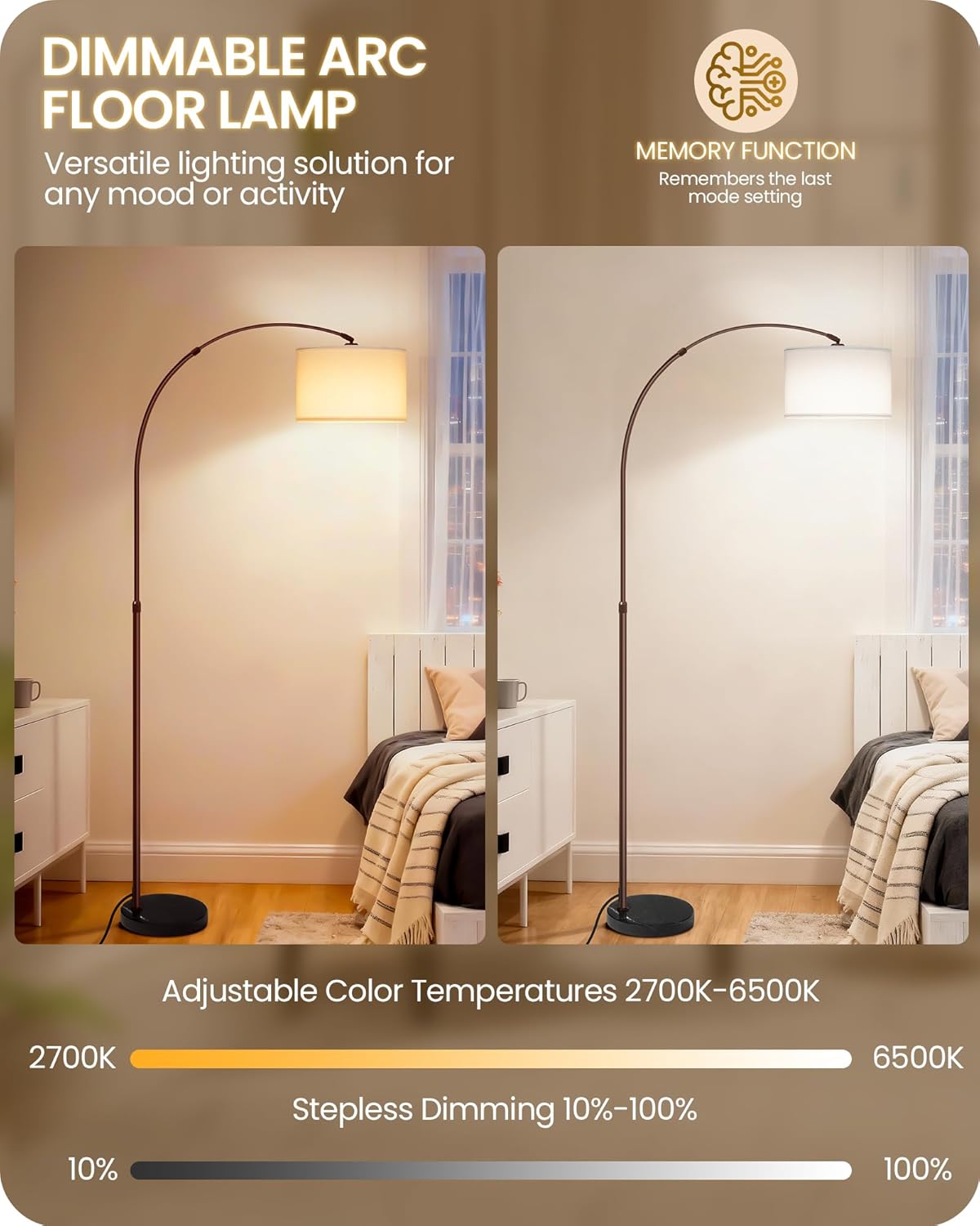 75" Arc Floor Lamp with Marble Base and Adjustable Height, Rotating Hanging Shade, Dimmable Floor Lamp for Living Room with Remote and Foot Switch, 3CCT, Over Couch Arched Light, White Brown VW15LD05