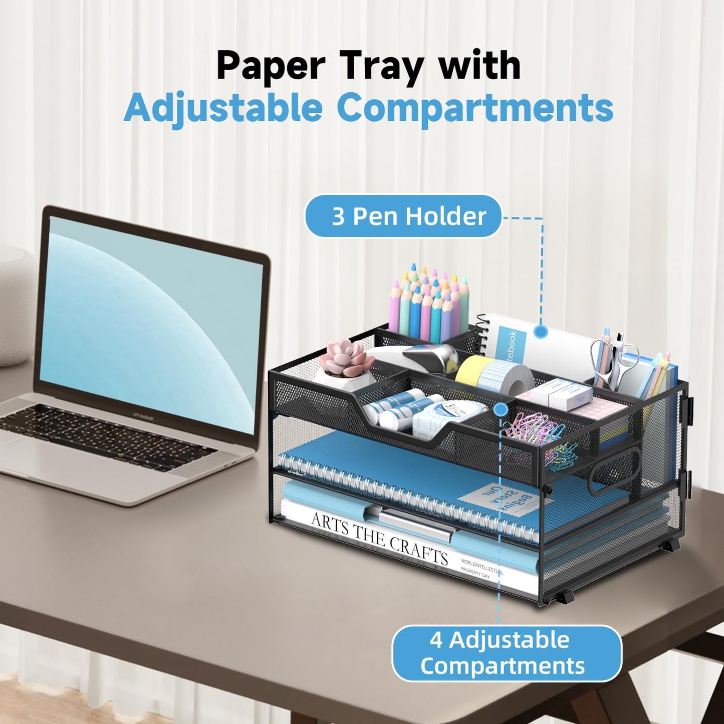 Daltack 3-Tier Desk Organizer with Handle, Mesh Paper Organizer with Pen Holders & Adjustable Compartments & A4/Letter Paper Trays for Home Office Supplies, Black