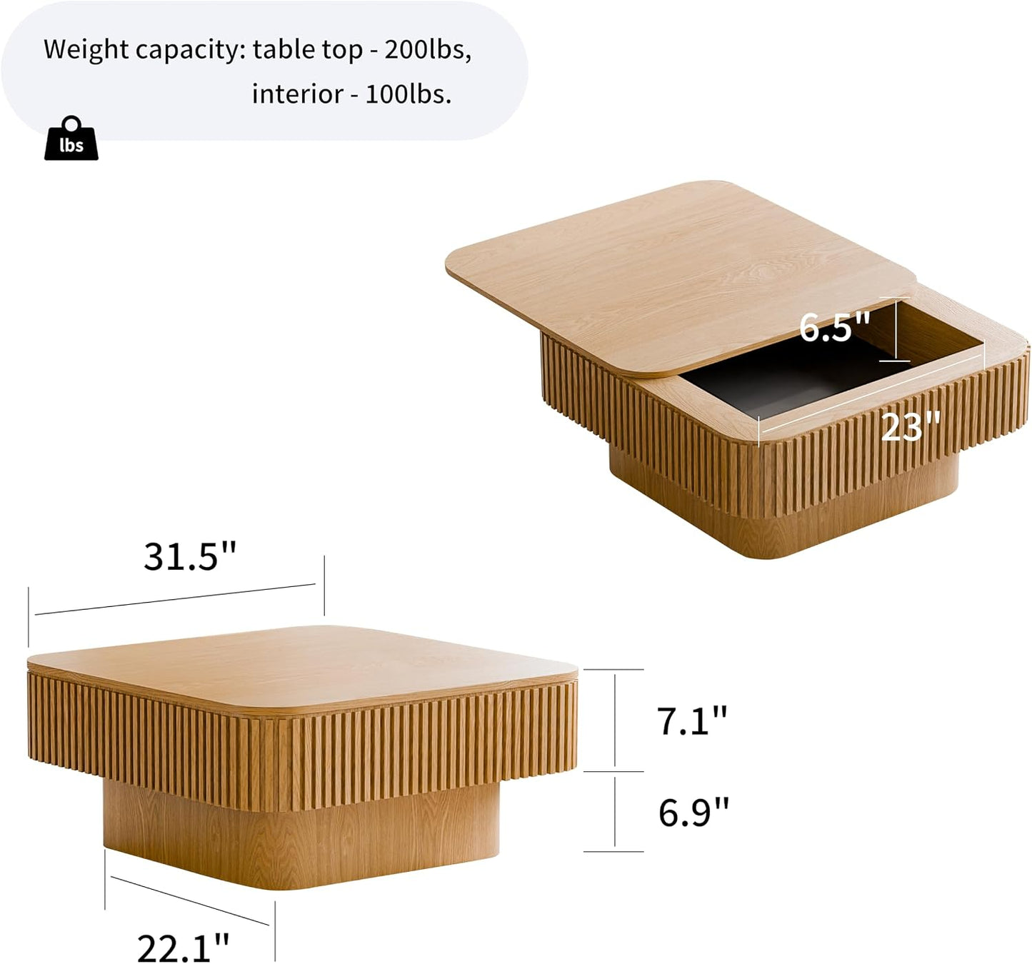 31.5" Square Coffee Table with Hidden Storage Compartment, Modern Handcraft Fluted Drum Coffee Table,Wooden Square Center Table Cocktail Tea Table with Sturdy Pedestal for Living Room,Natural