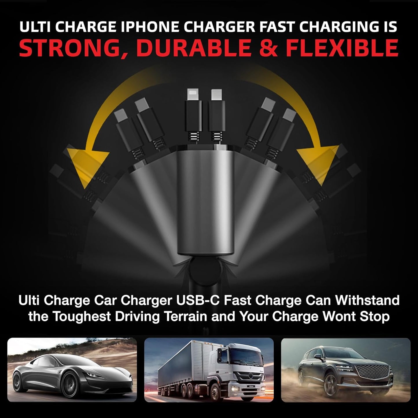 Ulti Charge iPhone Car Charger USB C Fast Charge Charging Retractable Car Charger Auto Adapter, Powerful 120W 4-Port USB-C & USB-A and Lightning iPhone, Samsung, Tablets USBC Charger Block