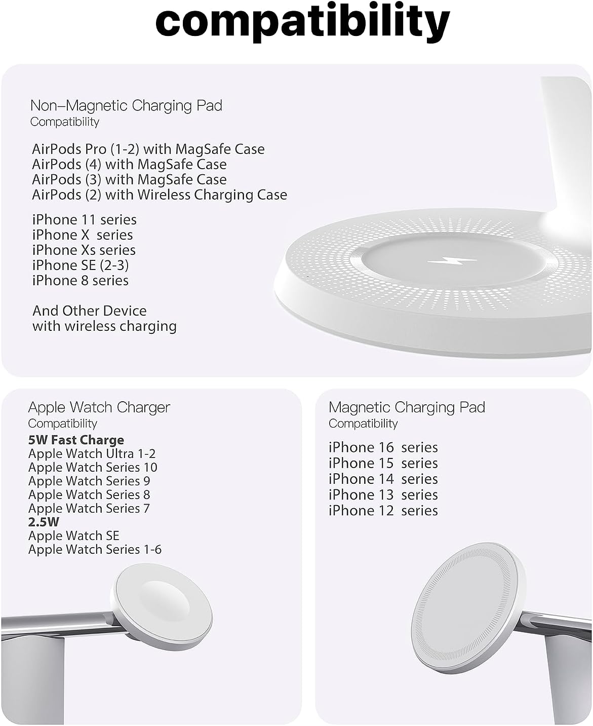ZECHIN 3 in 1 Wireless Charging Station for Apple Devices with MagSafe | Charging for iPhone 17/Air/16/15/14/13, AirPods, Apple Watch, Weighted Stable Charging Stand, USB-C Adapter Included