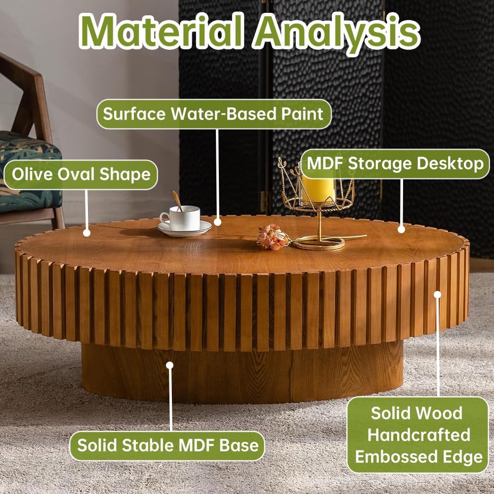 Oval Fluted Coffee Table (Oval Wood 43.3in) | Drum Coffee Tables for Living Room | Modern Pedestal Center Table
