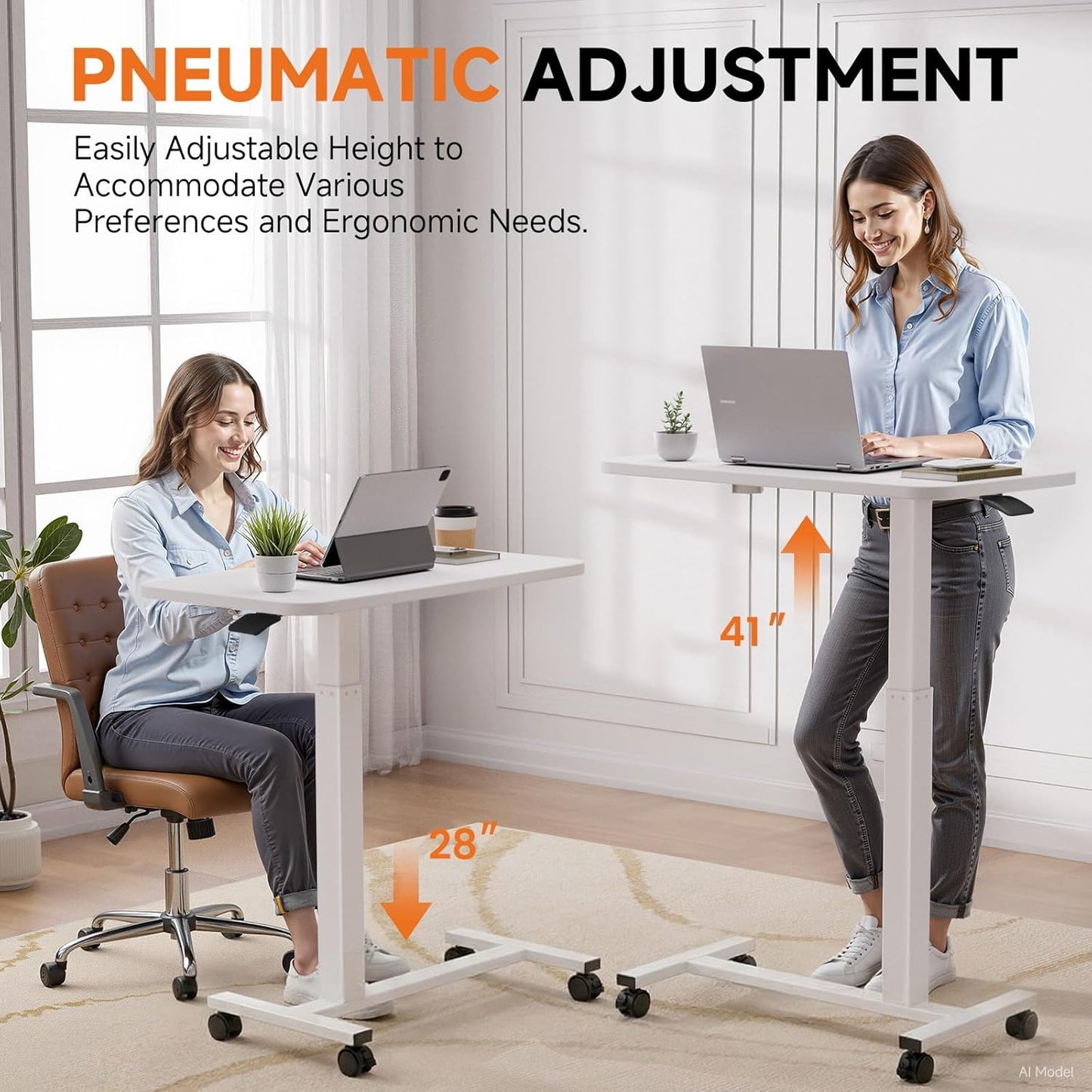 GTPLAYER Small Standing Desk with Wheels, Pneumatic Mobile Rolling Laptop Desk, Adjustable Height Overbed Bedside Table Computer Workstation for Home Office (28" W x 16" D, White)