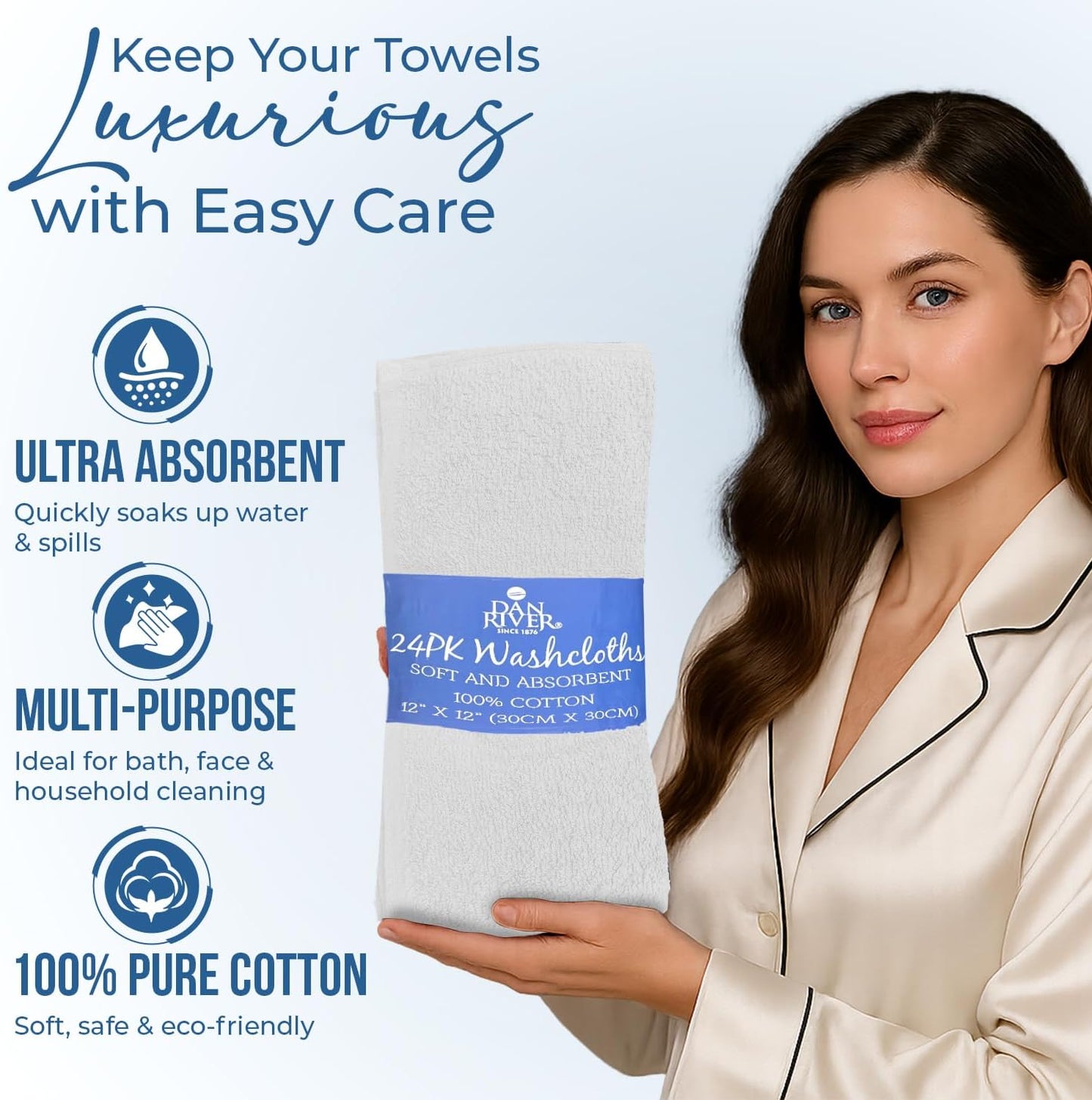 DAN RIVER 24 Pack Wash Cloths for Showering [12x12] - 100% Cotton Washcloths Premium Quality Flannel Face Cloths for Bathroom, Highly Absorbent and Soft Feel Wash Clothes, Assortment 5