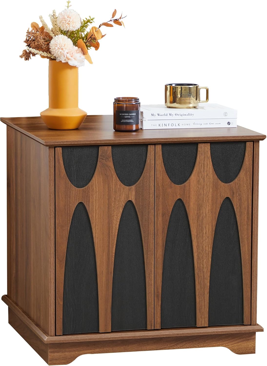 Bifins 24inch Large Square End Table with Storage, Walnut and Black