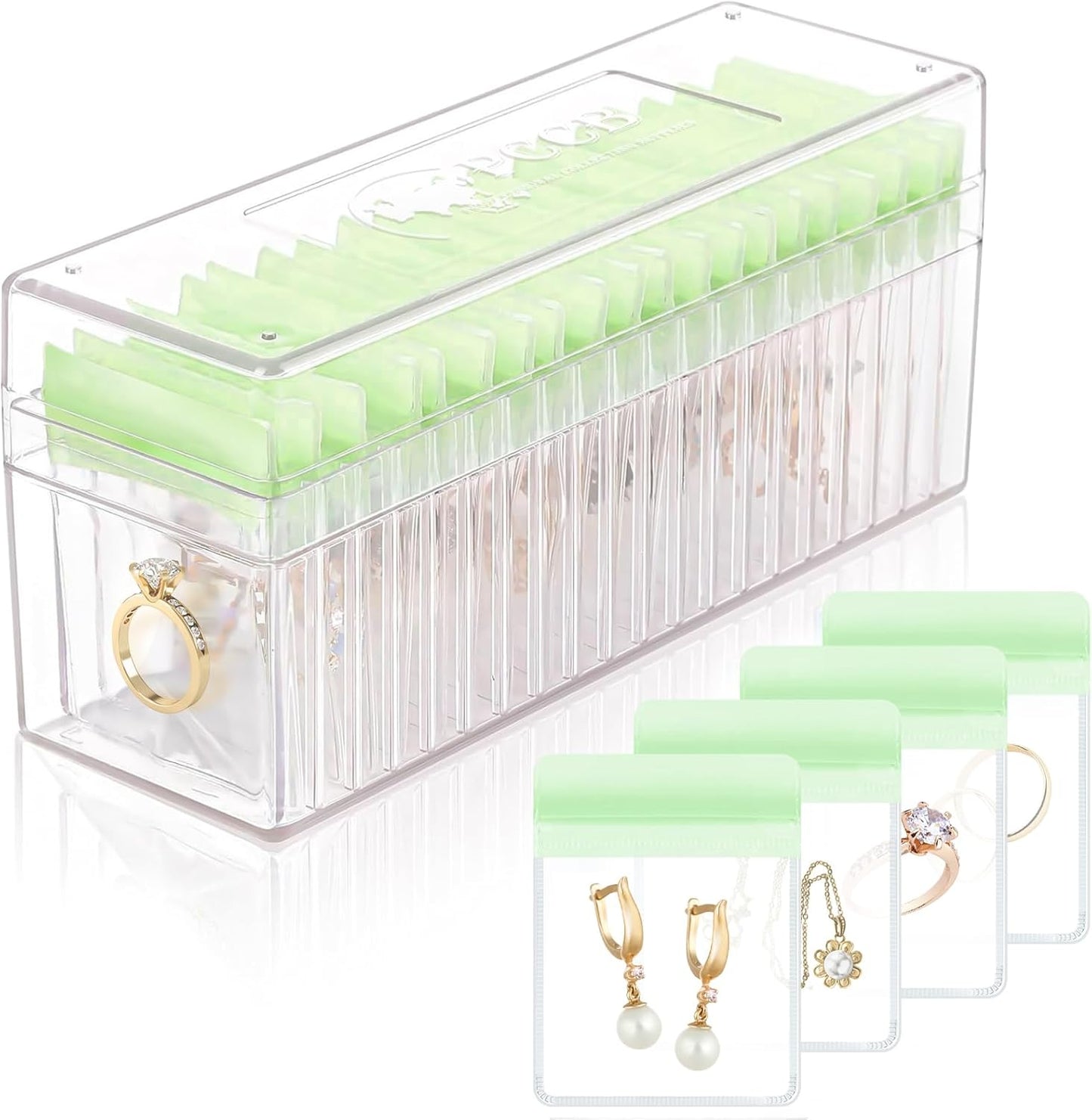 HOMEHIVE Acrylic Jewelry Box Organizer, Clear Jewelry Organizer Holder with 20 Portable Anti Tarnish Jewelry bags, Travel Jewelry Case for Earrings/Rings/Necklaces for Women Girls, Green
