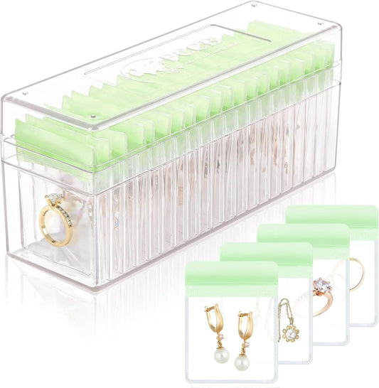 HOMEHIVE Acrylic Jewelry Box Organizer, Clear Jewelry Organizer Holder with 20 Portable Anti Tarnish Jewelry bags, Travel Jewelry Case for Earrings/Rings/Necklaces for Women Girls, Green