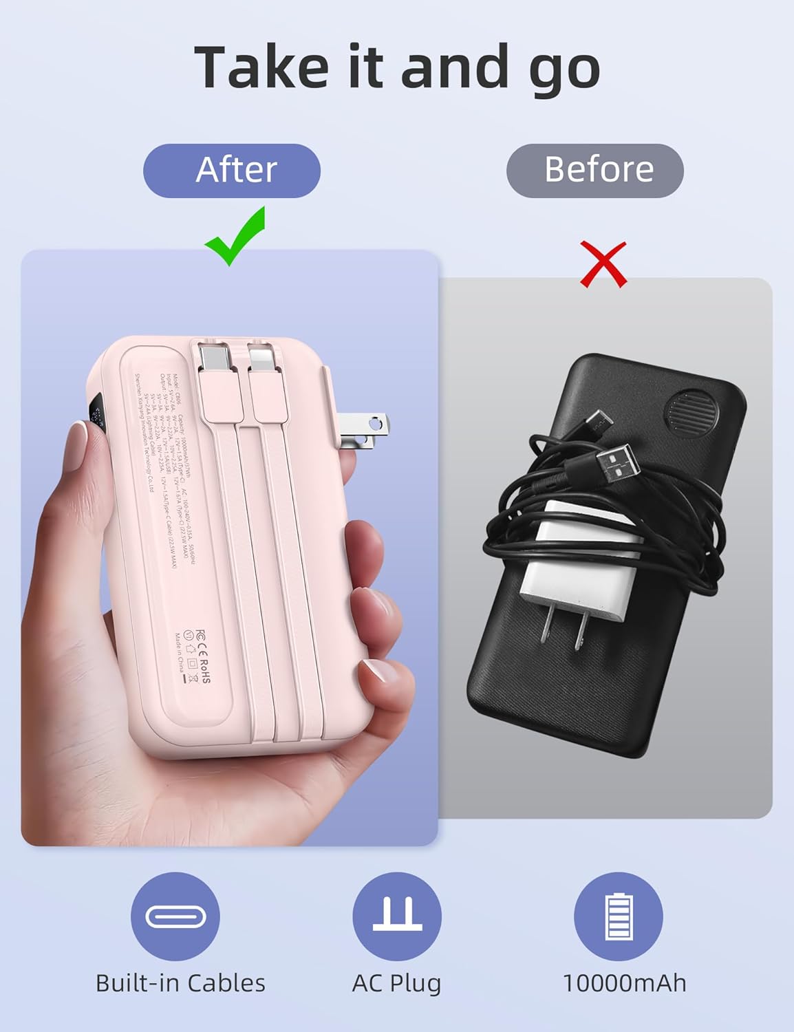 RORRY Portable Charger Built in Cables, AC Wall Plug in Portable Charger Power Bank 10000mAh Travel Battery Pack 22.5W Fast Charging for iPhone 17/16/15 Samsung Galaxy S25/S24/S23 Pixel LG iPad, Pink