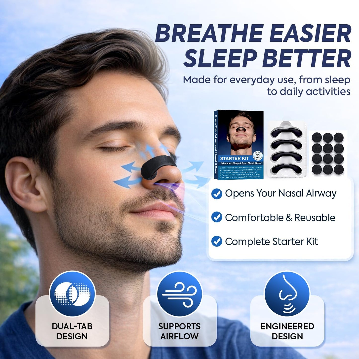 Premium Nasal Strips for Nighttime Sleep, Comfort-Fit Nose Strips with Skin-Friendly Adhesive for Men & Women (Black, Large)