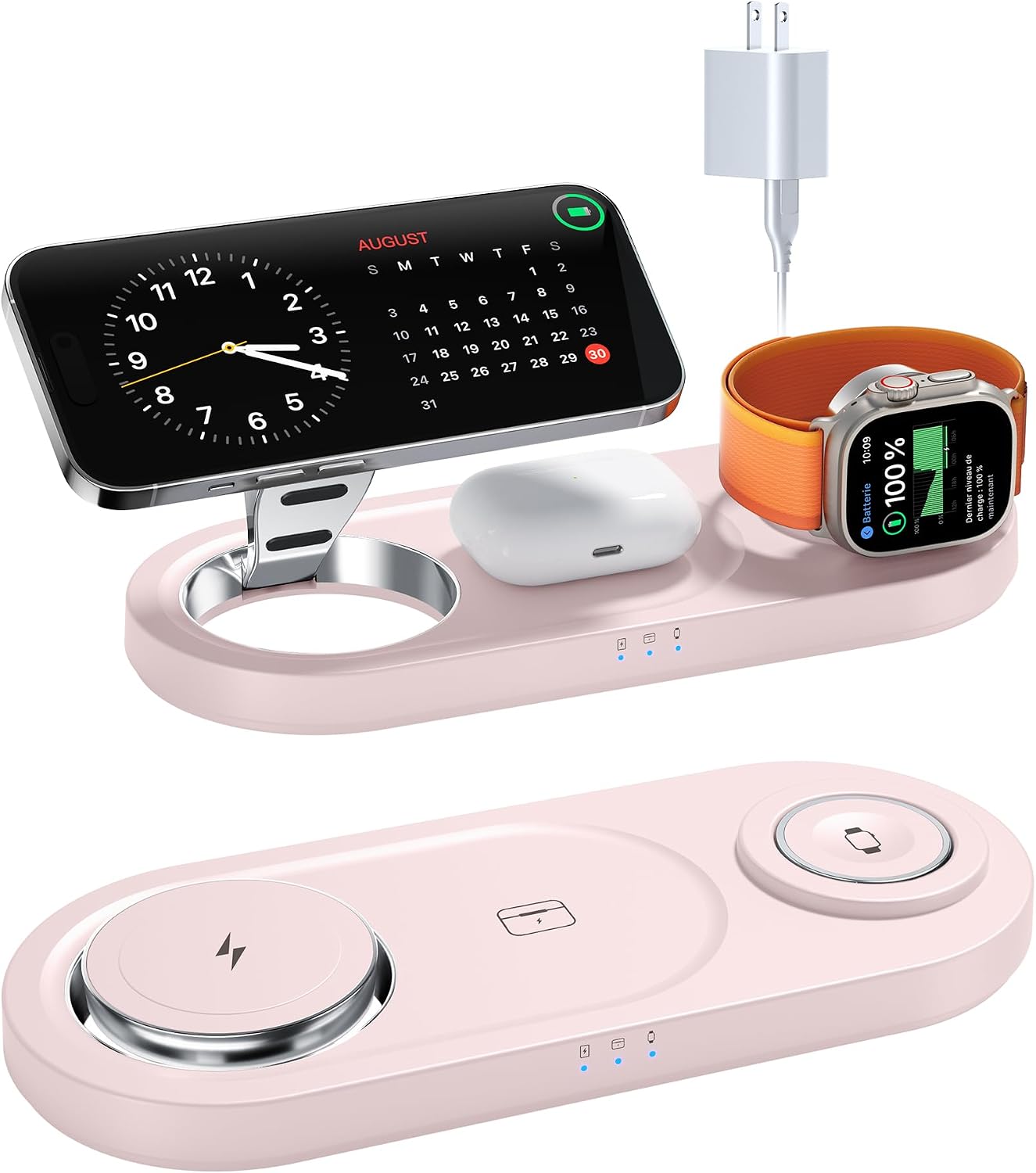 Foldable 3 in 1 Wireless Charging Station for Apple Mag-Safe Charger Stand | Fast Magnetic Wireless Charger Station for iPhone 17 Air 16 15 14 13 12, Apple Watch, AirPods Pro/4/3/2, and More (Pink)