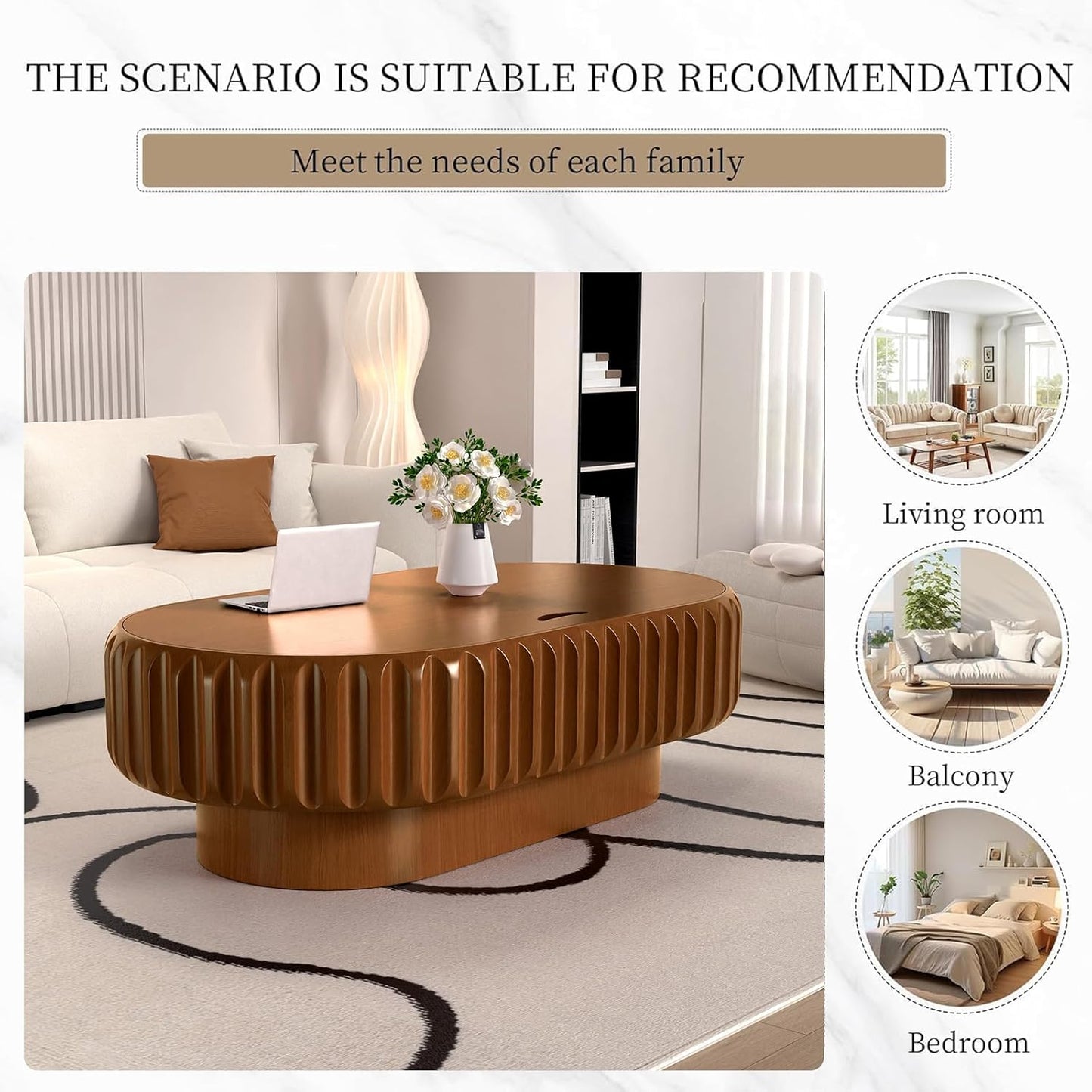 Mid Century Modern Oval Fluted Coffee Table with Storage (P) | Handcraft Drum Coffee Table, Sturdy Pedestal, Wood Veneer Top, for Living Room Reception Room Farmhouse