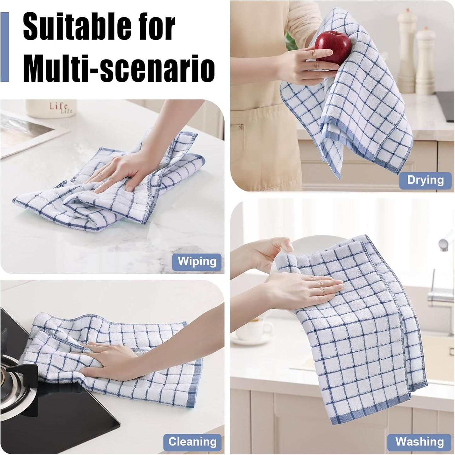Homaxy Premium Kitchen Towels(16”x 28”, 6 Pack), Large Ring Spun Cotton Dish Towels, Super Absorbent Soft Terry Kitchen Hand Towels, Check Design Tea Towel Set with Hanging Loop, Navy Blue