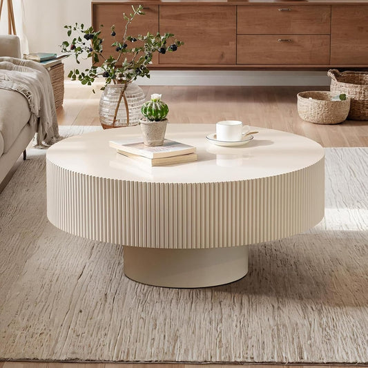 Ivory White Round Fluted Coffee Table (Lvory White Thicken 30.71in) | Rustic Circular Pedestal Center Table, with Round Thicken Tabletop & Sturdy Pedestal | for Living Room Study Farmhouse