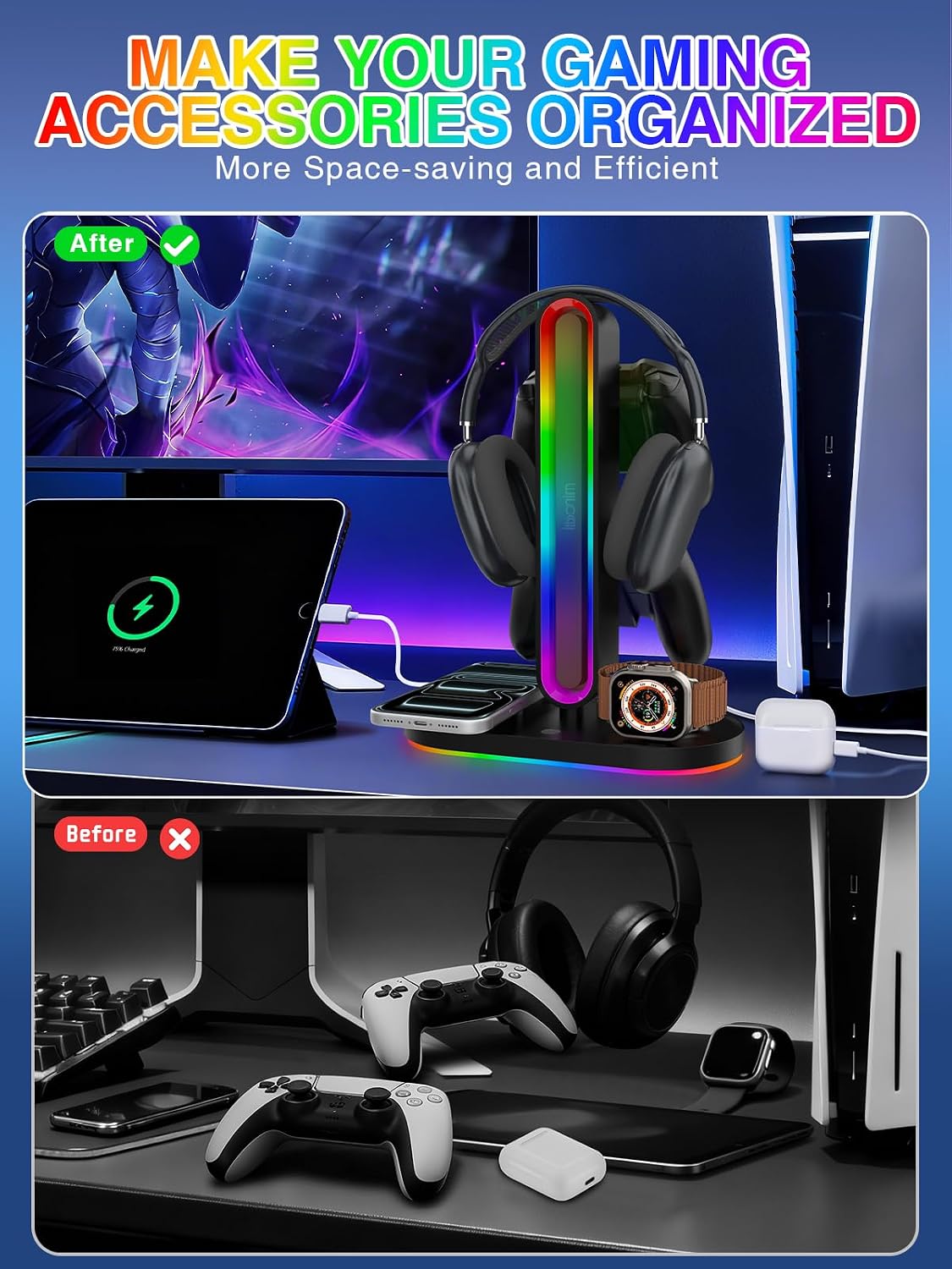 RGB Headset Stand with Wireless Charger, 8-in-1 Charging Station for iPhone, Samsung, Apple Watch Type-C/USB Ports, Gaming Headphone & Controllers Holder, Organizer for Desk Includes 20W PD Adapter