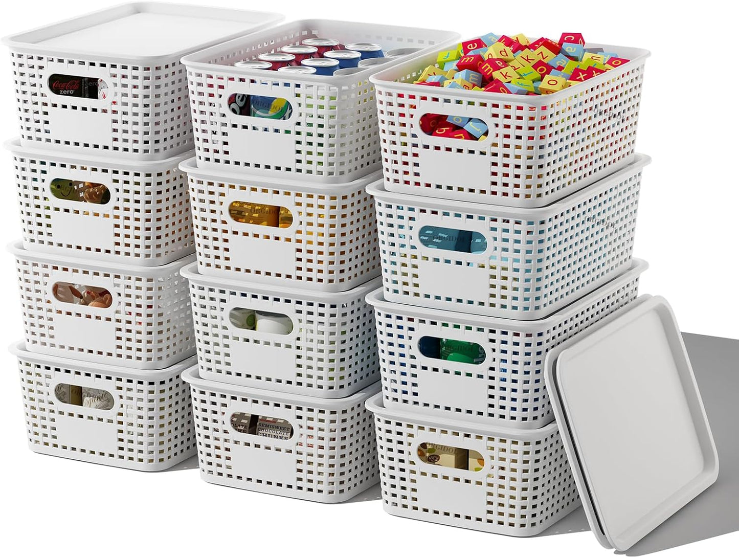 ORGIDOL Plastic Storage Basket with Lids 12 Pack Stackable Storage Bins Containers with Lid, Decorative Storage Boxes for Organizing Shelves, Drawers, Playroom, Classroom, Office, Closet, White