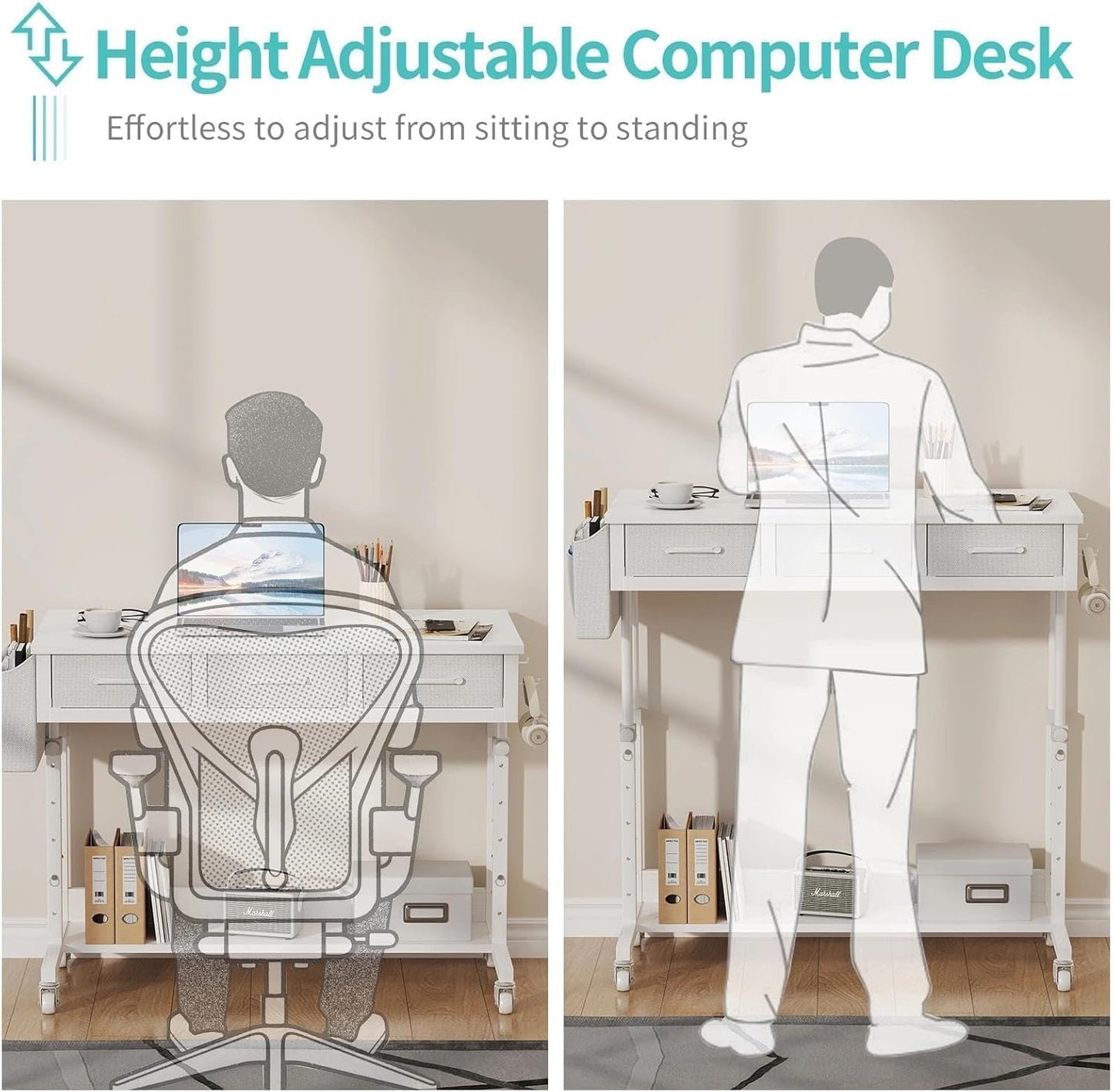 White Portable Rolling Computer Desk - 40 Inch Adjustable Mobile Standing Teacher Desks with 3 Fabric Drawers on Wheels, Couch Sofa Side Laptop Stand Up Table with Storage for Home Office, White