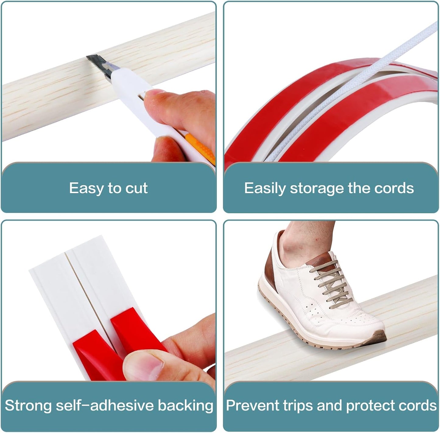 LSGCQ Floor Cord Cover Self Adhesive Cord Hider Floor Cable Management | Cord Covers for Wires on Floor Cable Cover, Prevent Cable Trips, Cable Cavity 0.32" W x 0.32" H, 20Ft, Beige Wood
