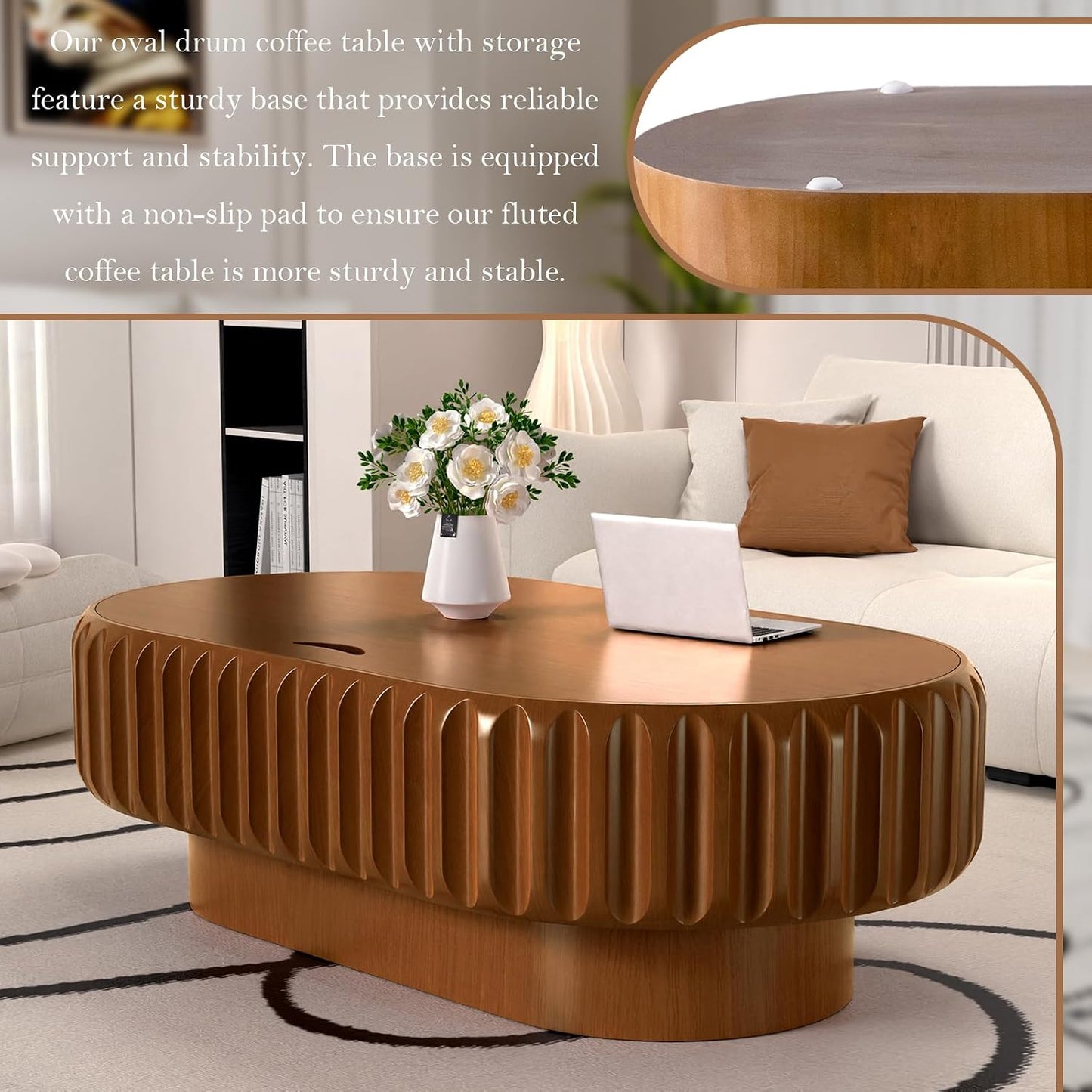 Chic Drum Coffee Table with Storage (E 43.3in) | 43.3" Rustic Oval Center Table - Solid Wood Fluted Veneer | Easy Assemble | for Living Room Apartment