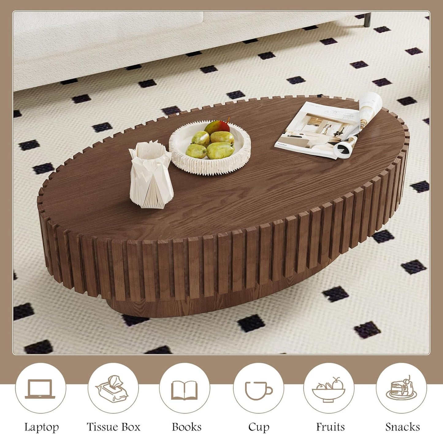 43.3" Oval Wood Coffee Table (Dark Brown) | Fluted Design, Modern Handcraft Drum Center Table, Solid Wood Relief, Sturdy Pedestal, For Living Room Home Office