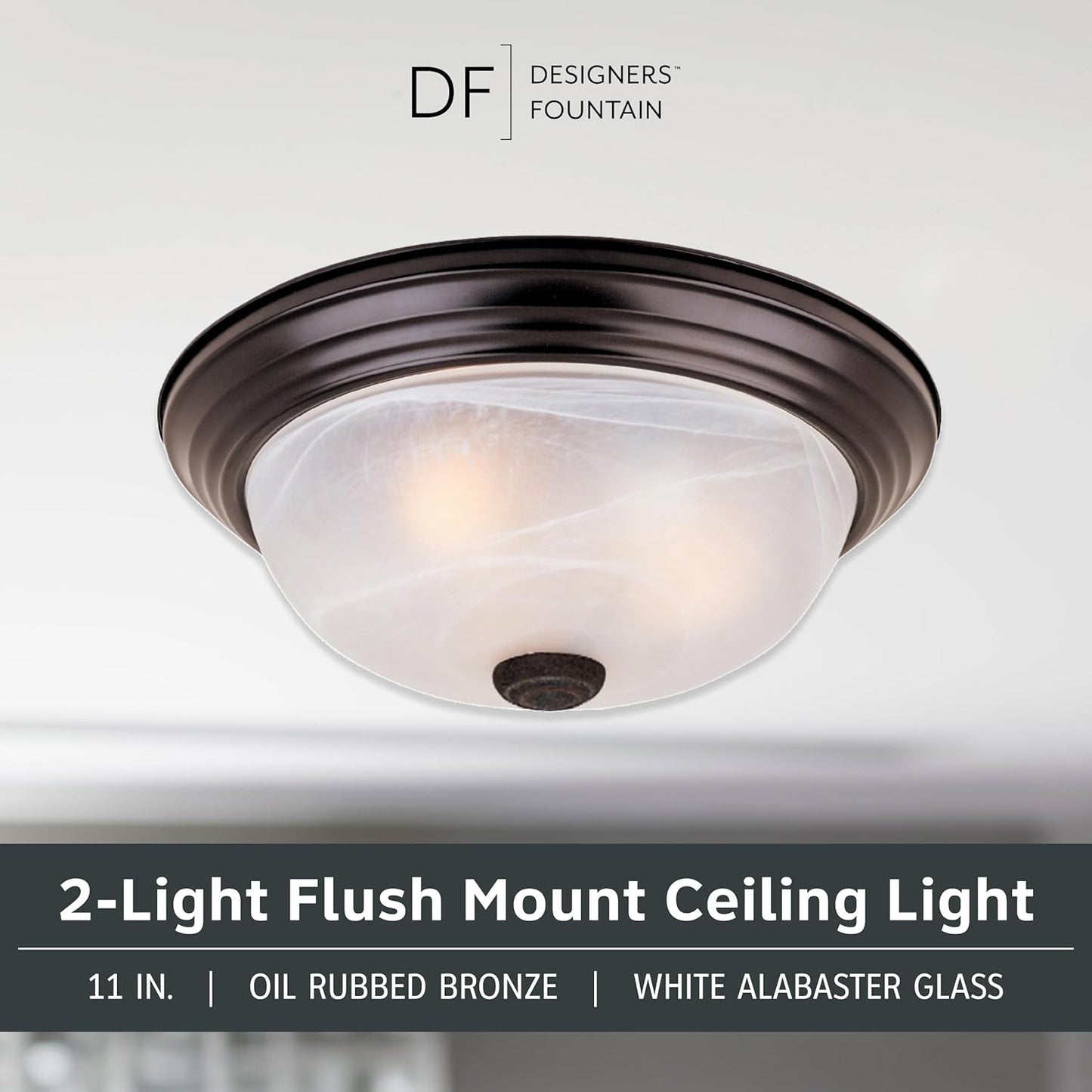 DESIGNERS FOUNTAIN Reedley 2-Lights Flush Mount Ceiling Light, 11 Inch Lighting Fixture for Kitchen, Bedroom, Bathroom, and Hallway, White Alabaster Glass, Oil Rubbed Bronze, 1257S-ORB-AL