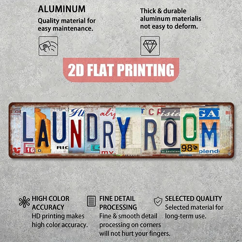 Vintage License Plate LAUNDRY ROOM Sign – 16x4 Inch Rustic Tin Wall Décor for Laundry Area, Utility Room, Farmhouse, Mudroom or Home Washroom